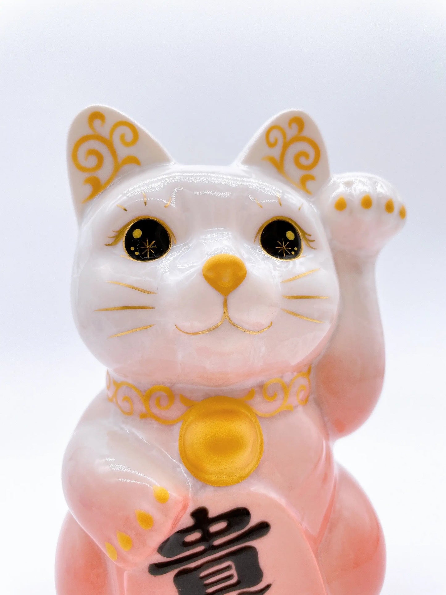 日本清水烧招财猫 花结晶 桃白 贵人运