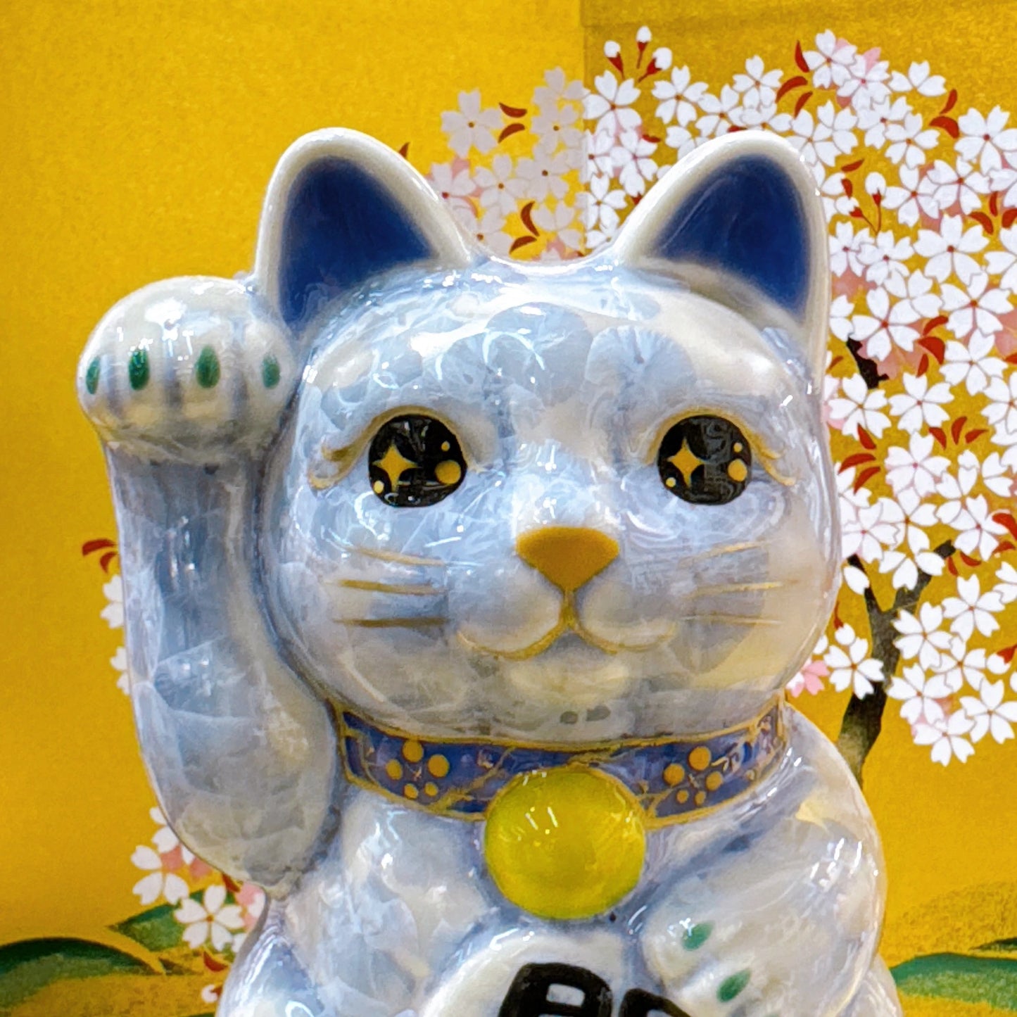 日本清水燒招財貓 花結晶 銀藤 開運 右