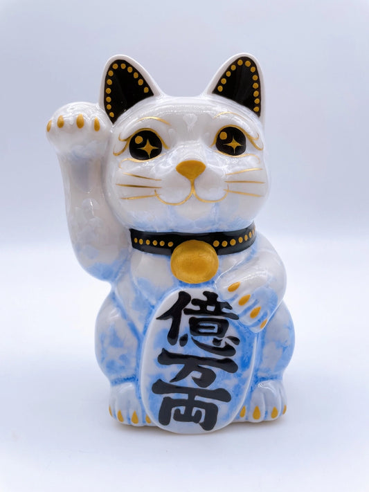 日本清水烧招财猫 花结晶 青白 亿万两