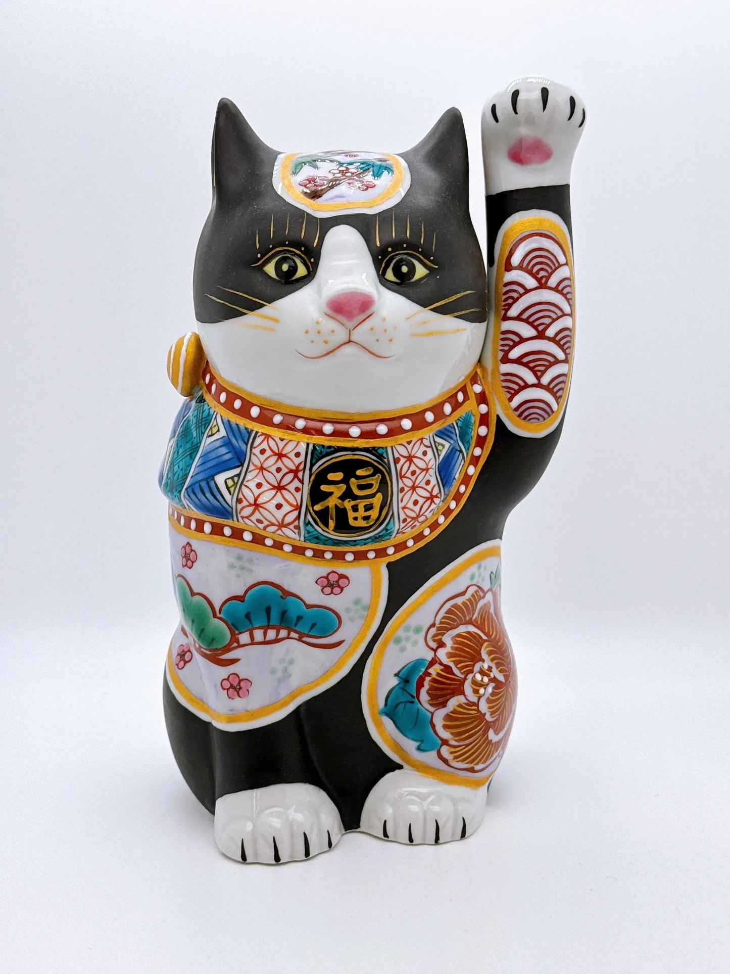 日本九谷烧招财猫 黑地 松竹梅