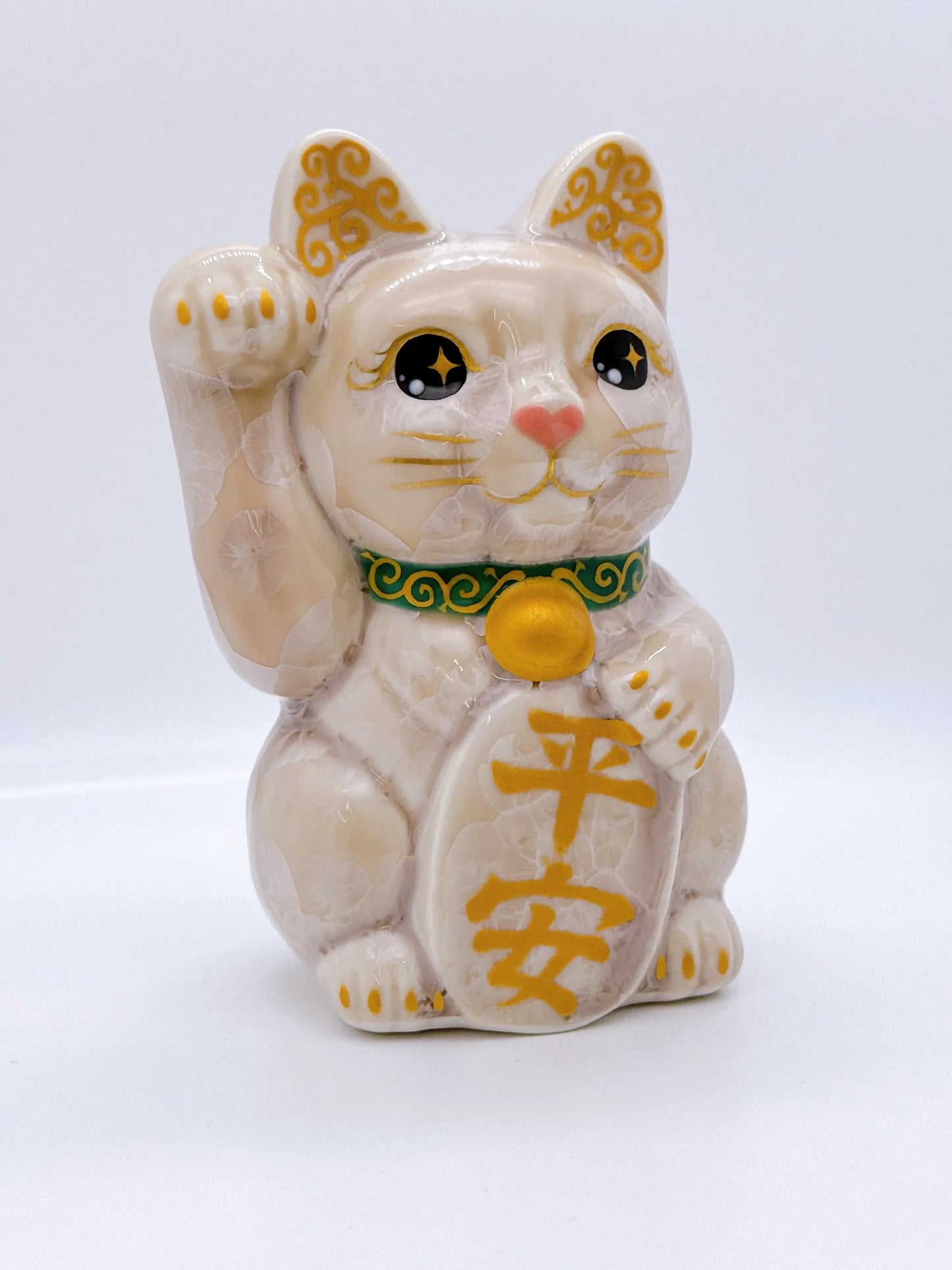 日本清水燒招財貓 花結晶 杏 平安 右