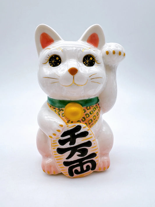 日本清水燒招財貓 花結晶 桃白 千万両 左