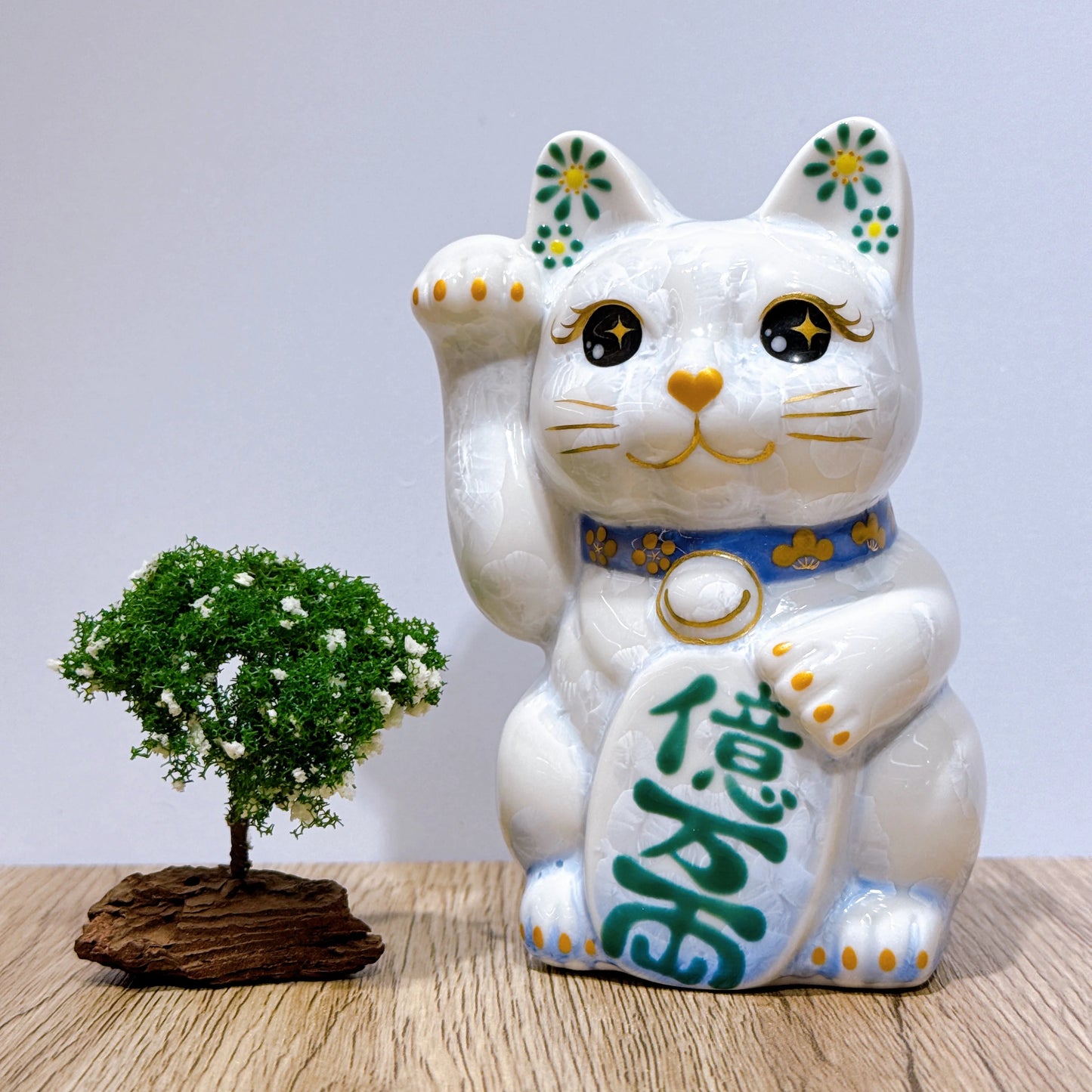 日本清水燒招財貓 花結晶 青白 億萬両 右