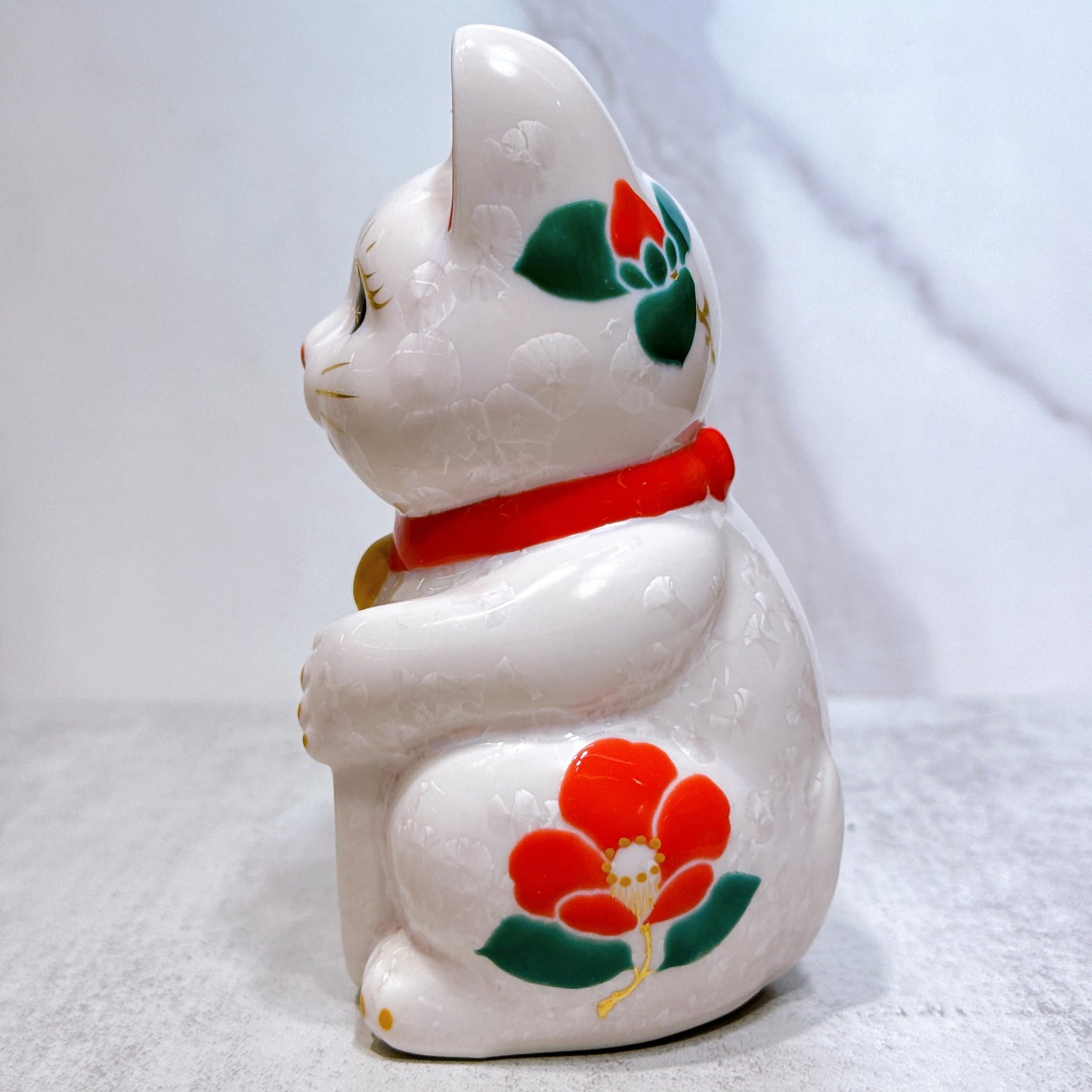 日本清水燒招財貓 花結晶 桃 体花 招福 右