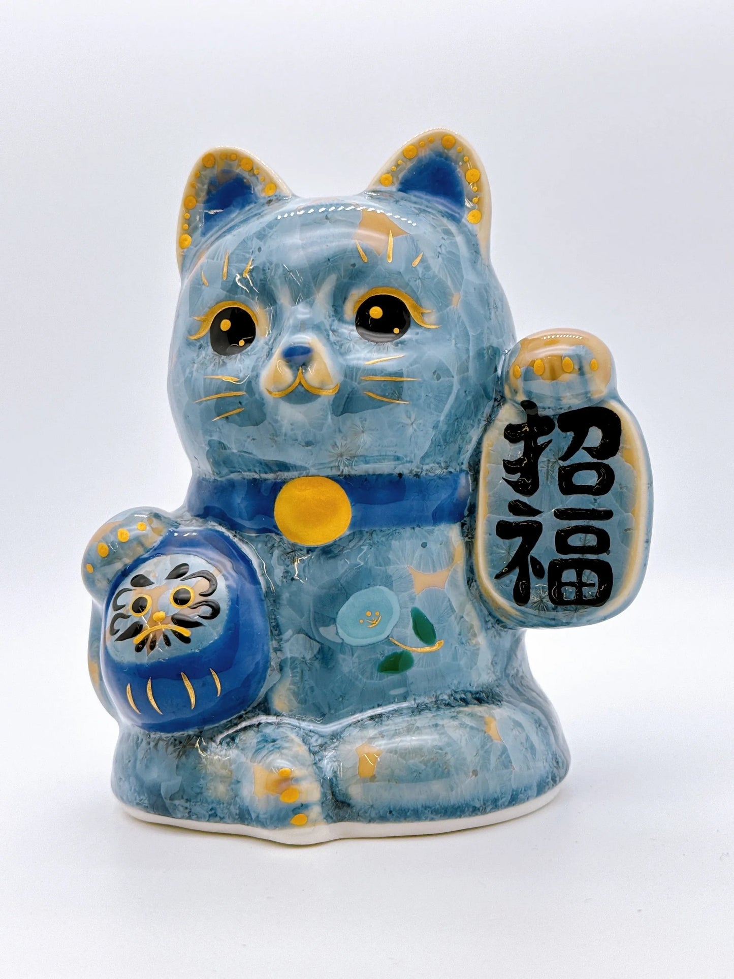 日本清水燒招財貓 達摩 花結晶 灰青 招福