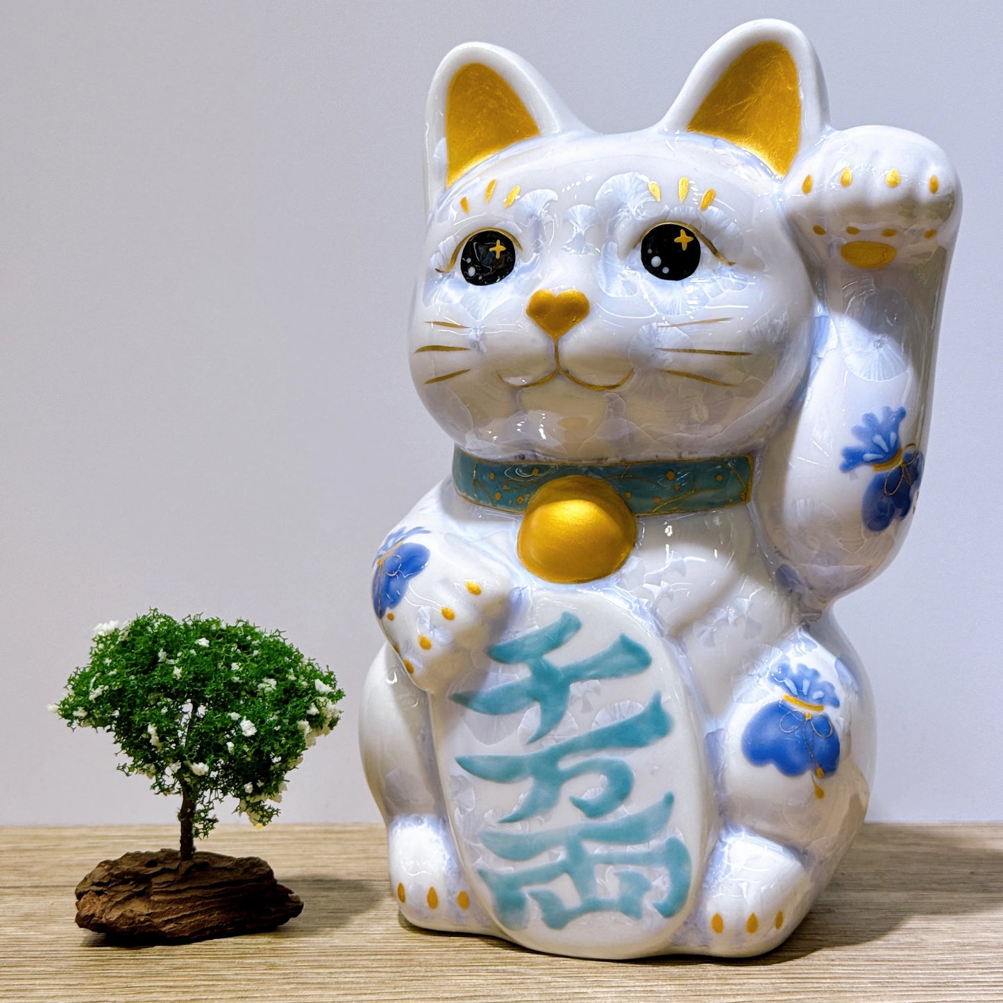 日本清水燒招財貓 花結晶 藤 千万両 特大 左