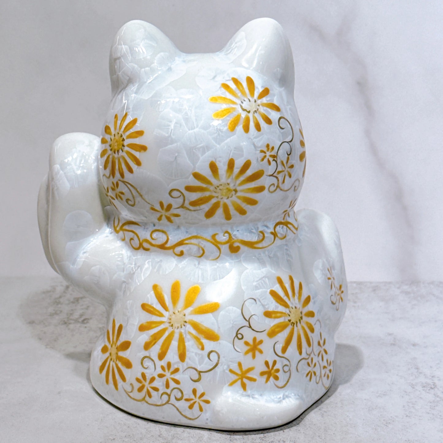 日本清水燒招財貓 達摩 花結晶 白 体花