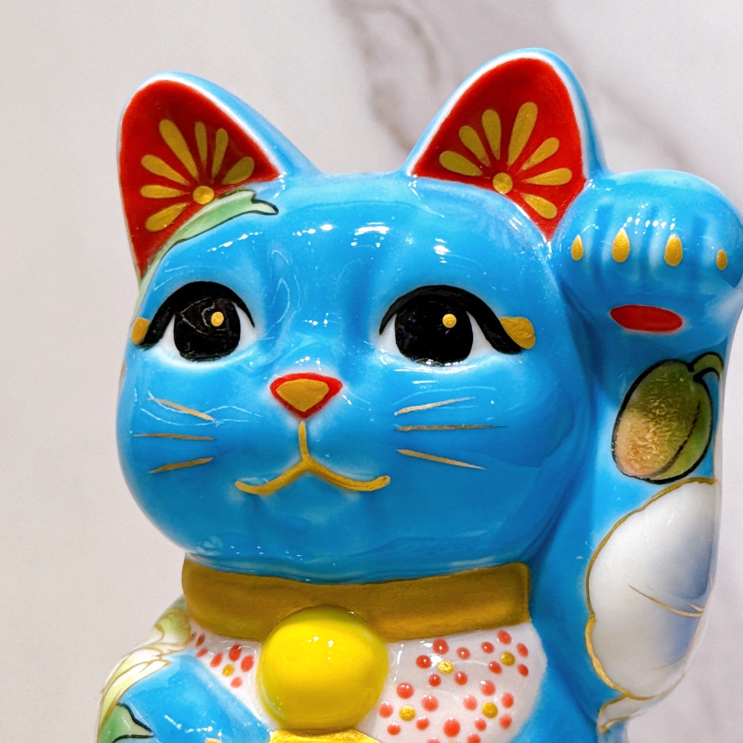 日本清水烧招财猫 色绘 水色 洋花