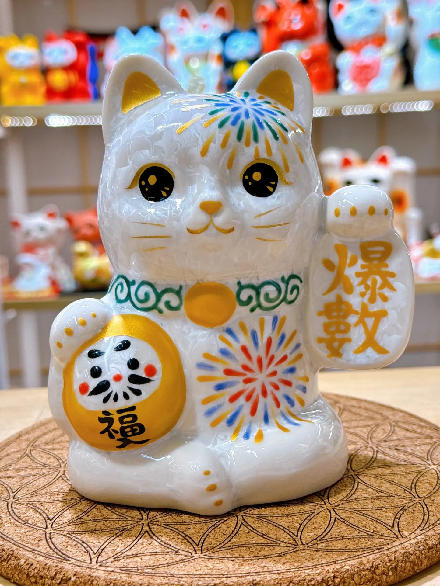 日本清水燒招財貓 達摩 花結晶 白 花火