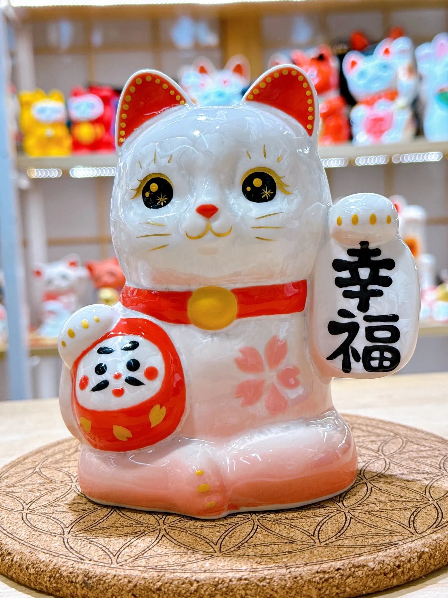 日本清水燒招財貓 達摩 花結晶 桃白 幸福