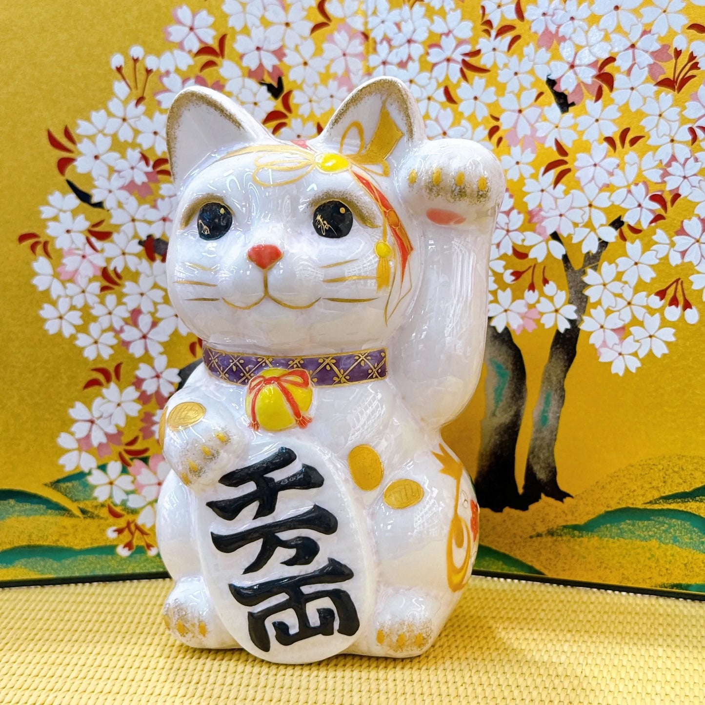 日本清水燒招財貓 花結晶 桃小判 左