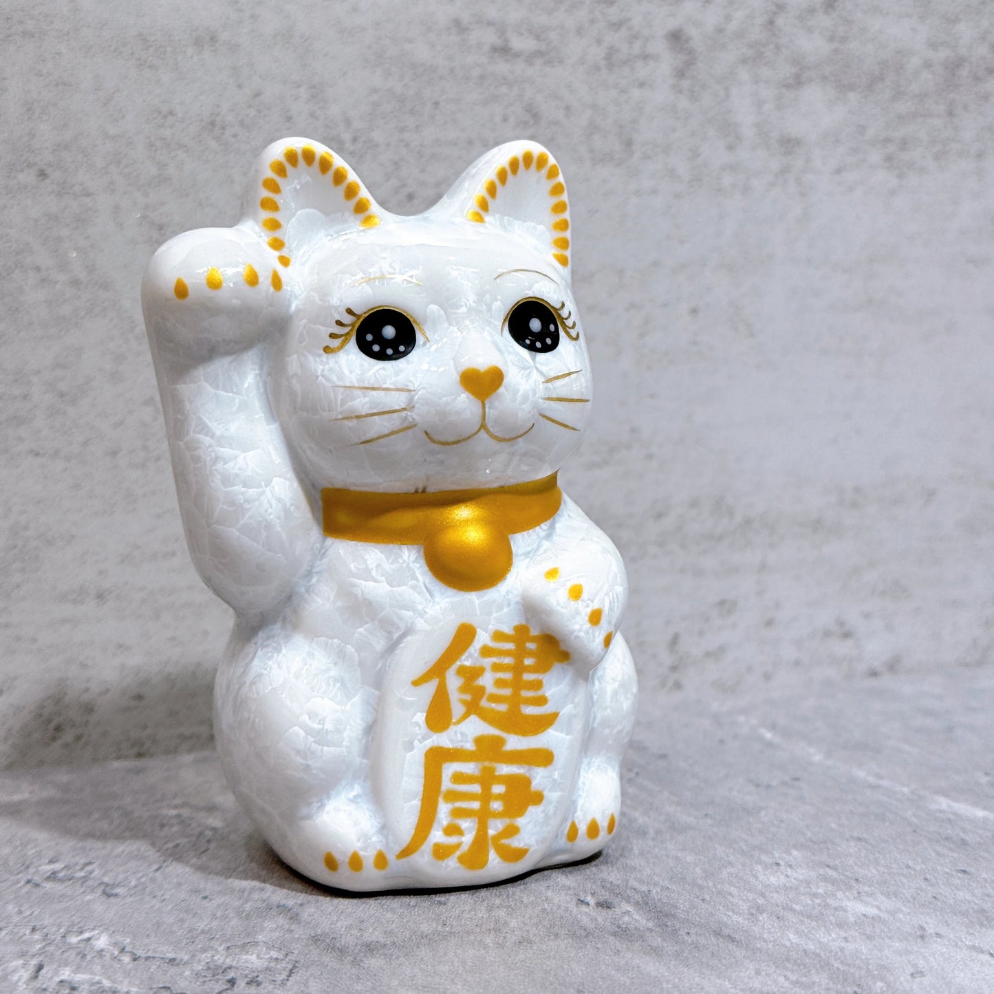 日本清水燒招財貓 花結晶 白 健康 右 特小