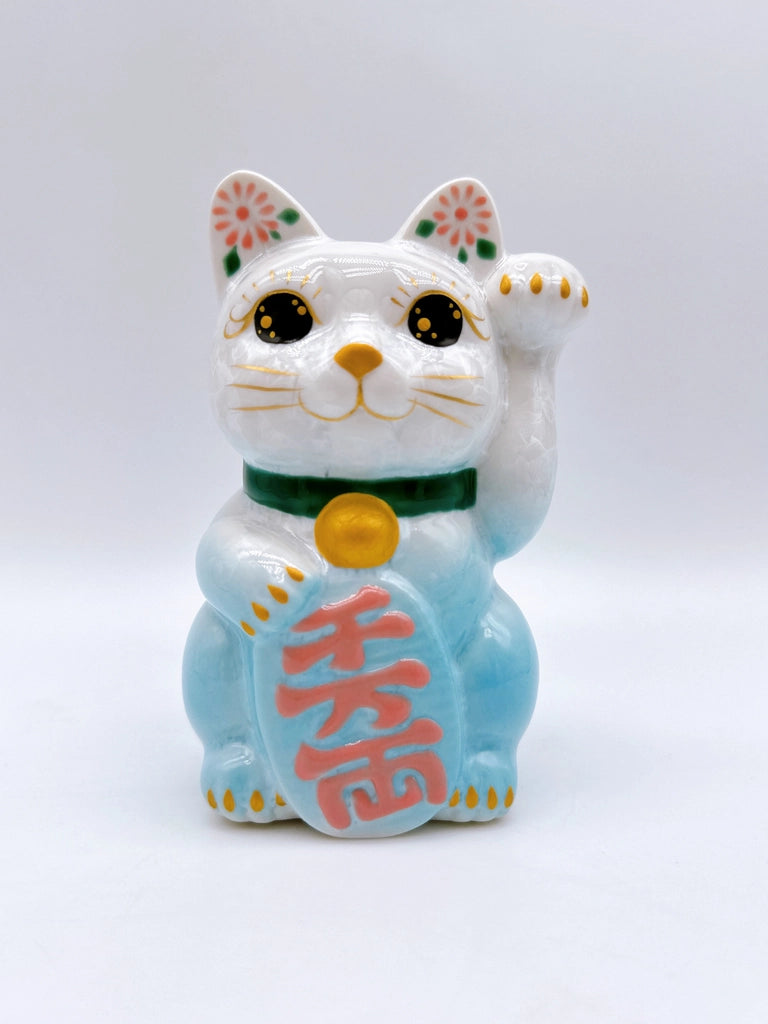 日本清水烧招财猫 花结晶 水色 千万两 左