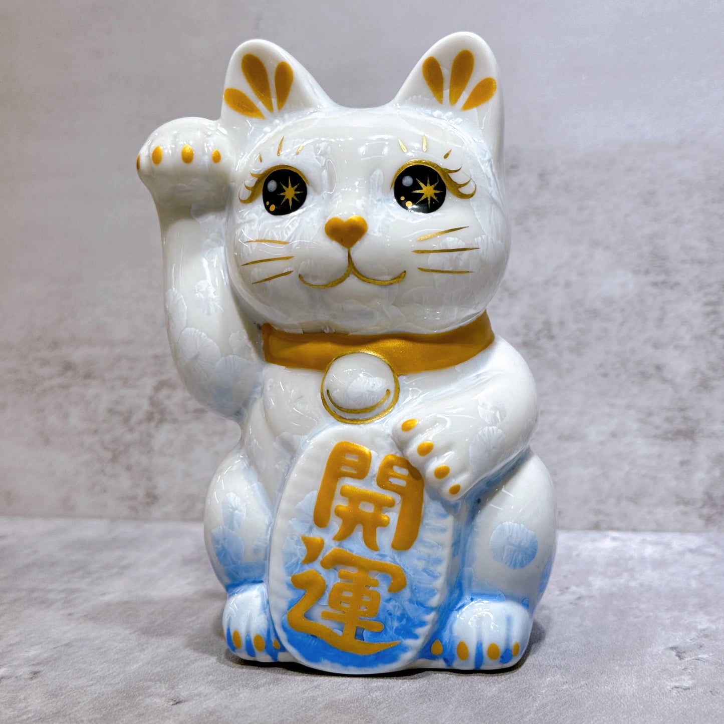 日本清水燒招財貓 花結晶 青白 開運 右