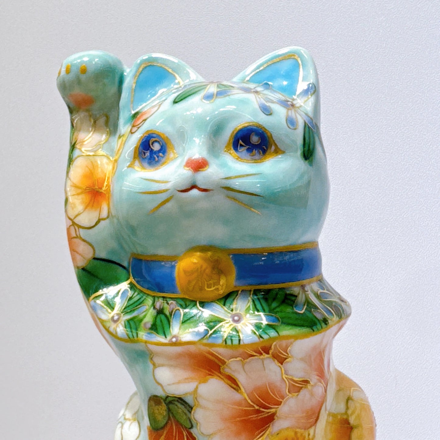 日本清水燒招財貓 色繪 水色 洋花
