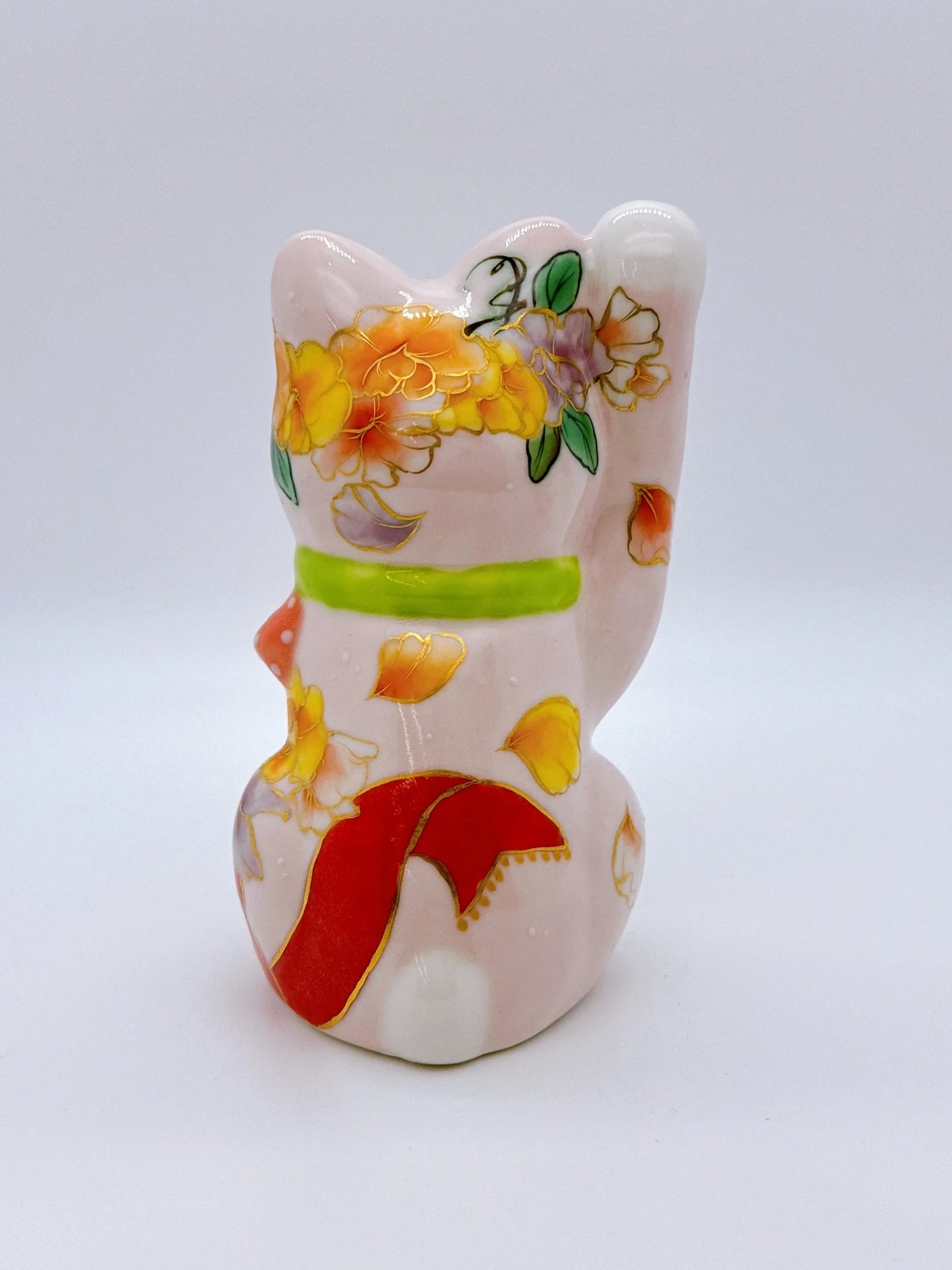 日本清水燒招財貓 色繪 粉紅香豌豆