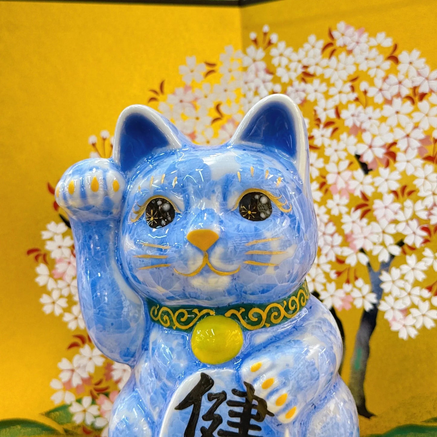 日本清水燒招財貓 花結晶 青 健康 右