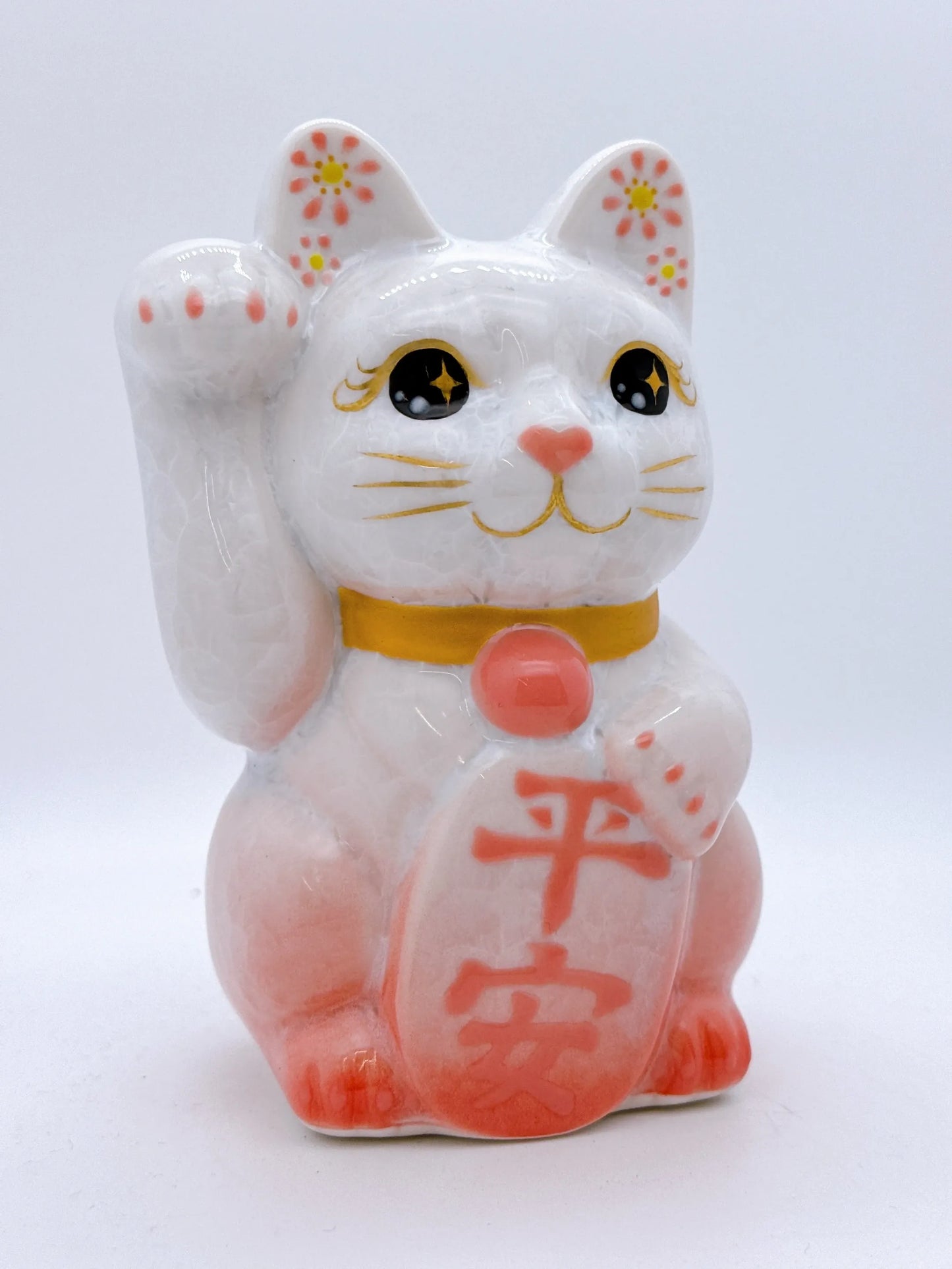 日本清水燒招財貓 花結晶 桃白 平安 右