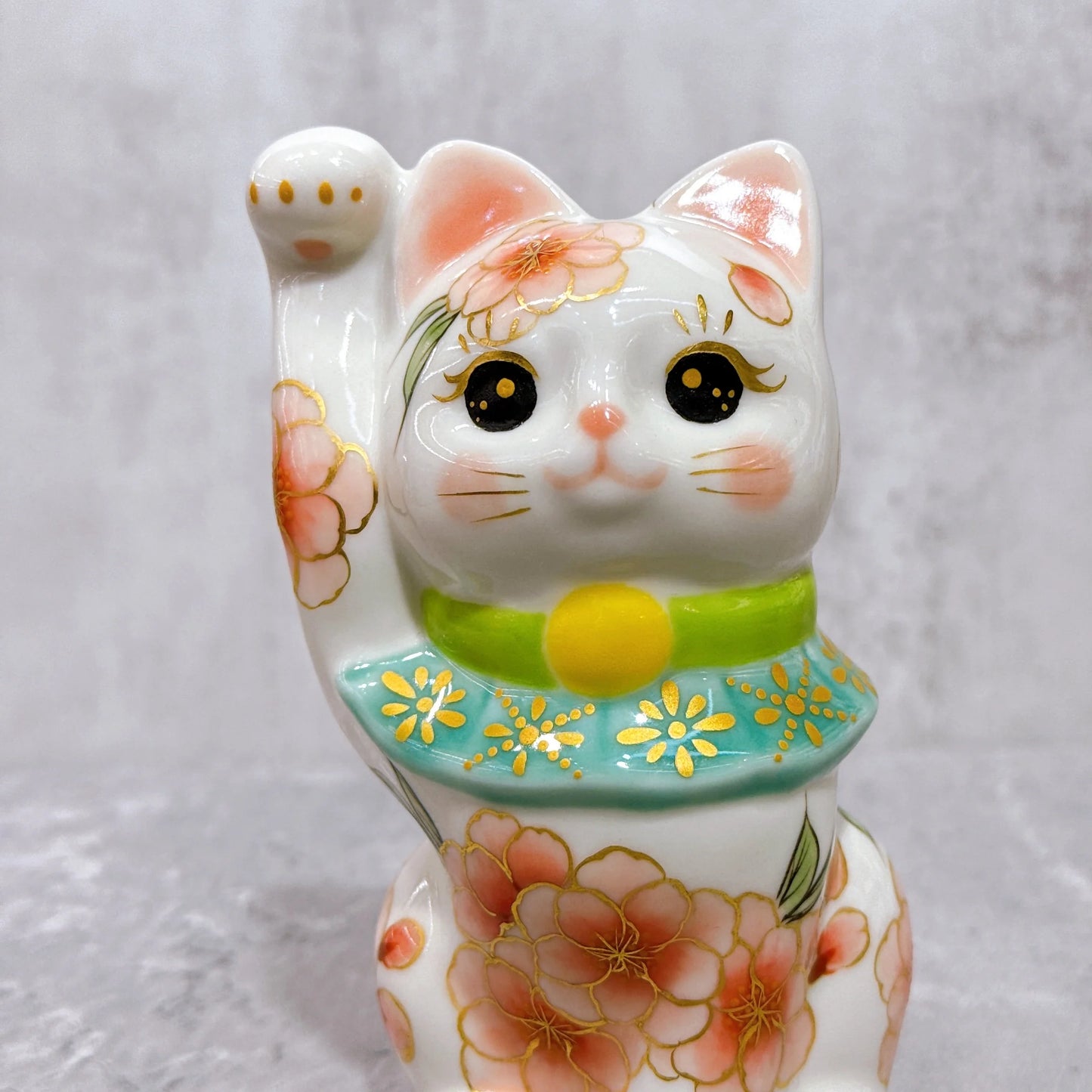 日本清水燒招財貓 色繪 綠櫻