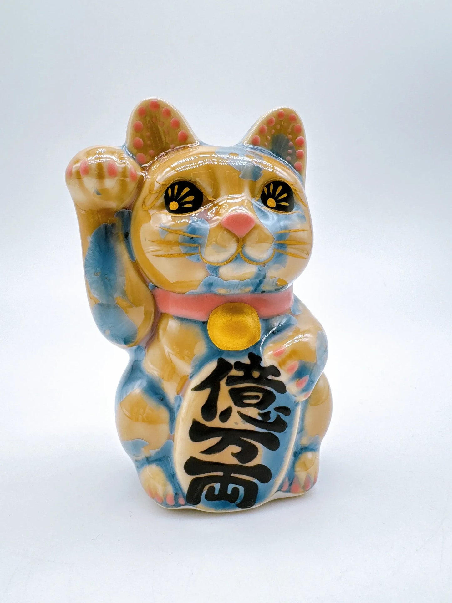 日本清水燒招財貓 花結晶 灰青 億万両 右 特小