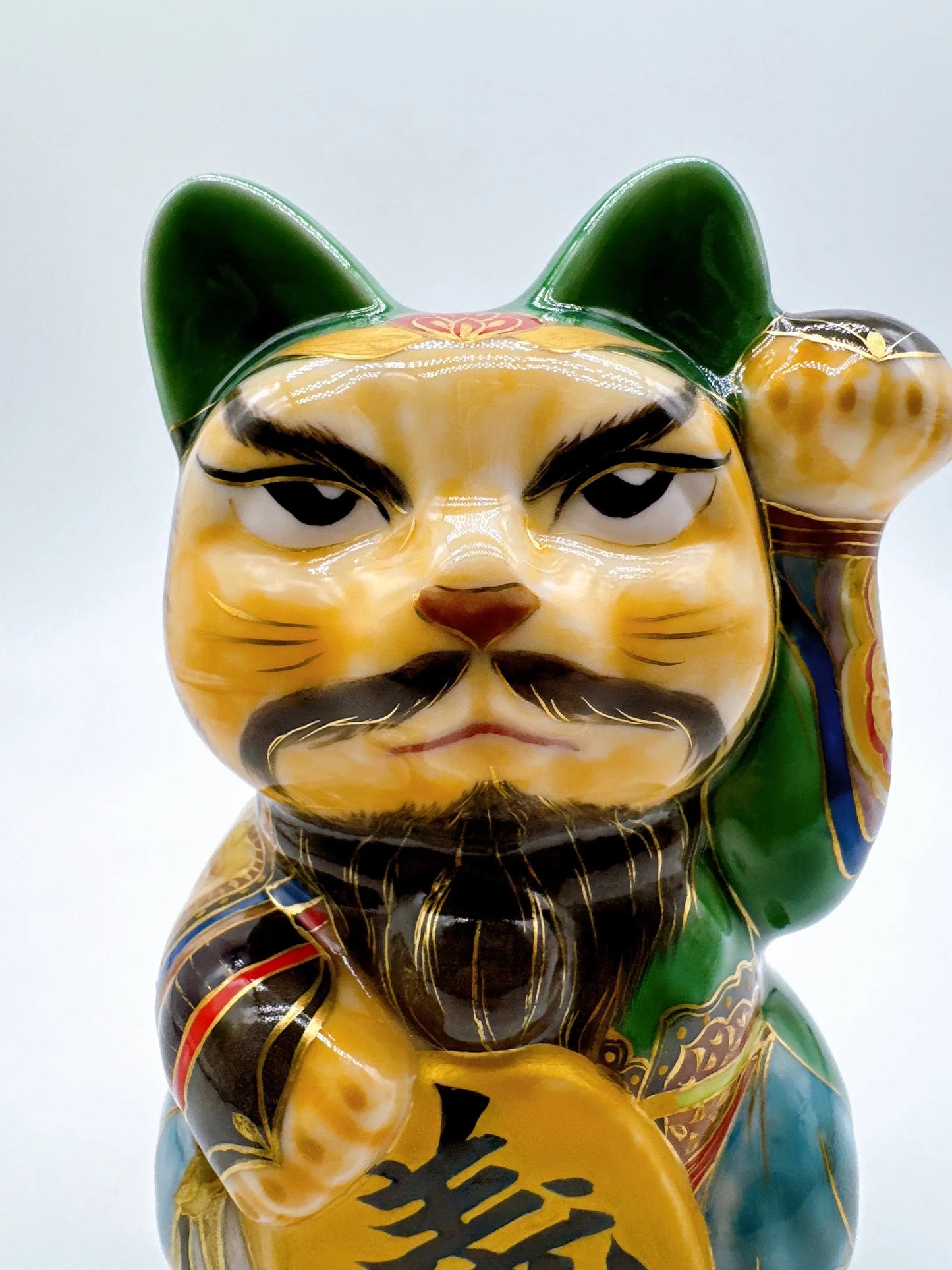 日本清水烧招财猫 色绘 关羽