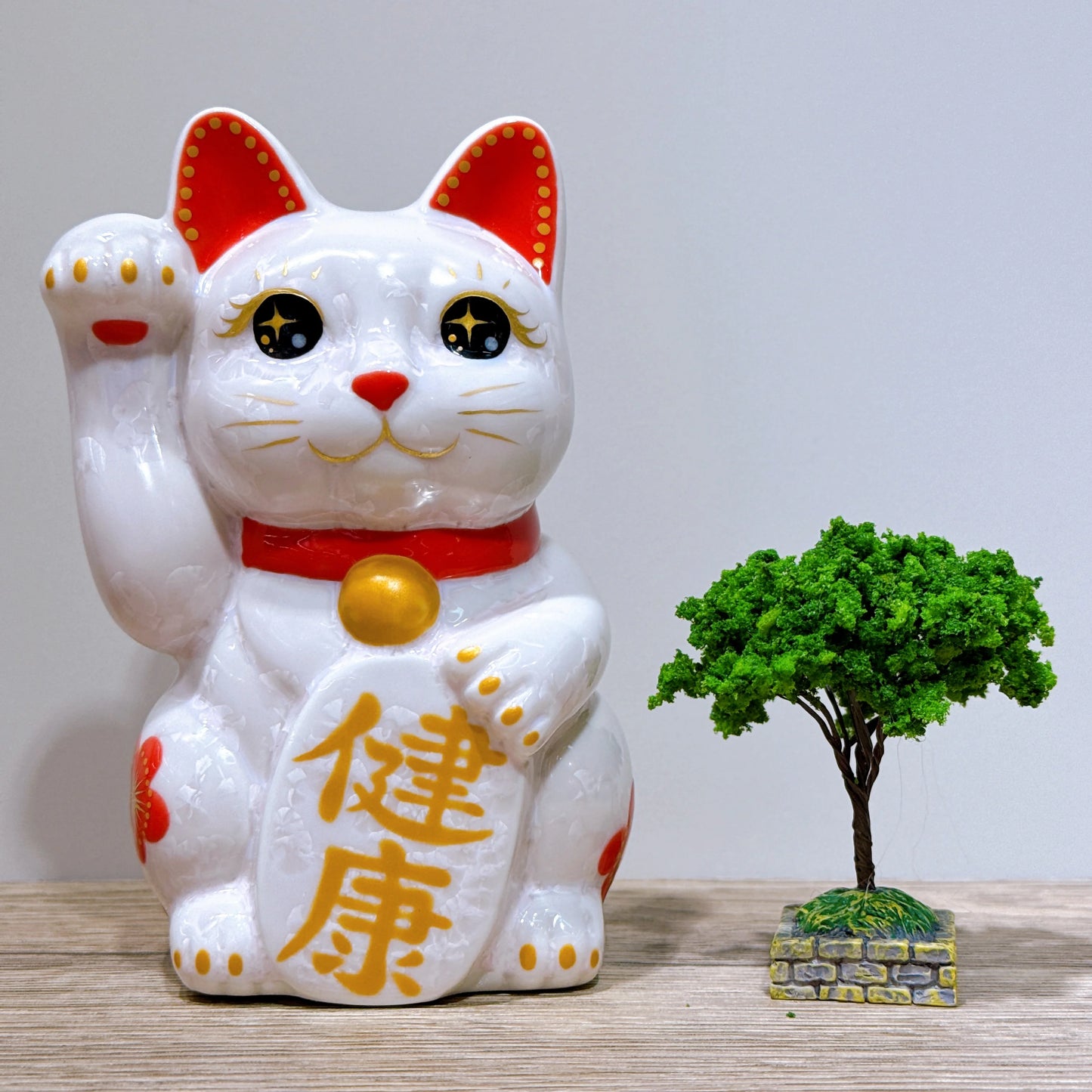 日本清水燒招財貓 花結晶 桃 体花 健康 右