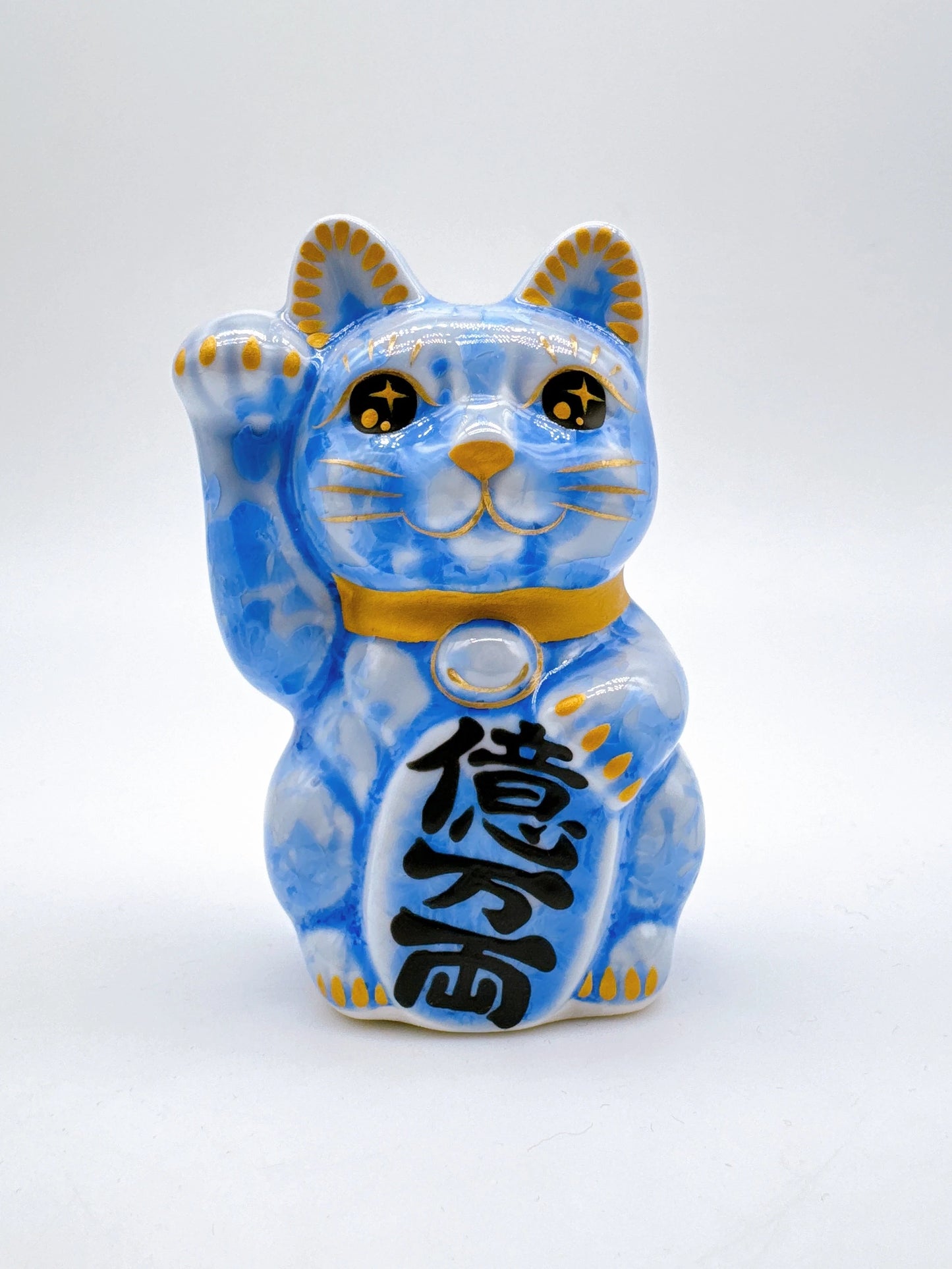 日本清水燒招財貓 花結晶 青 億万両 右 特小