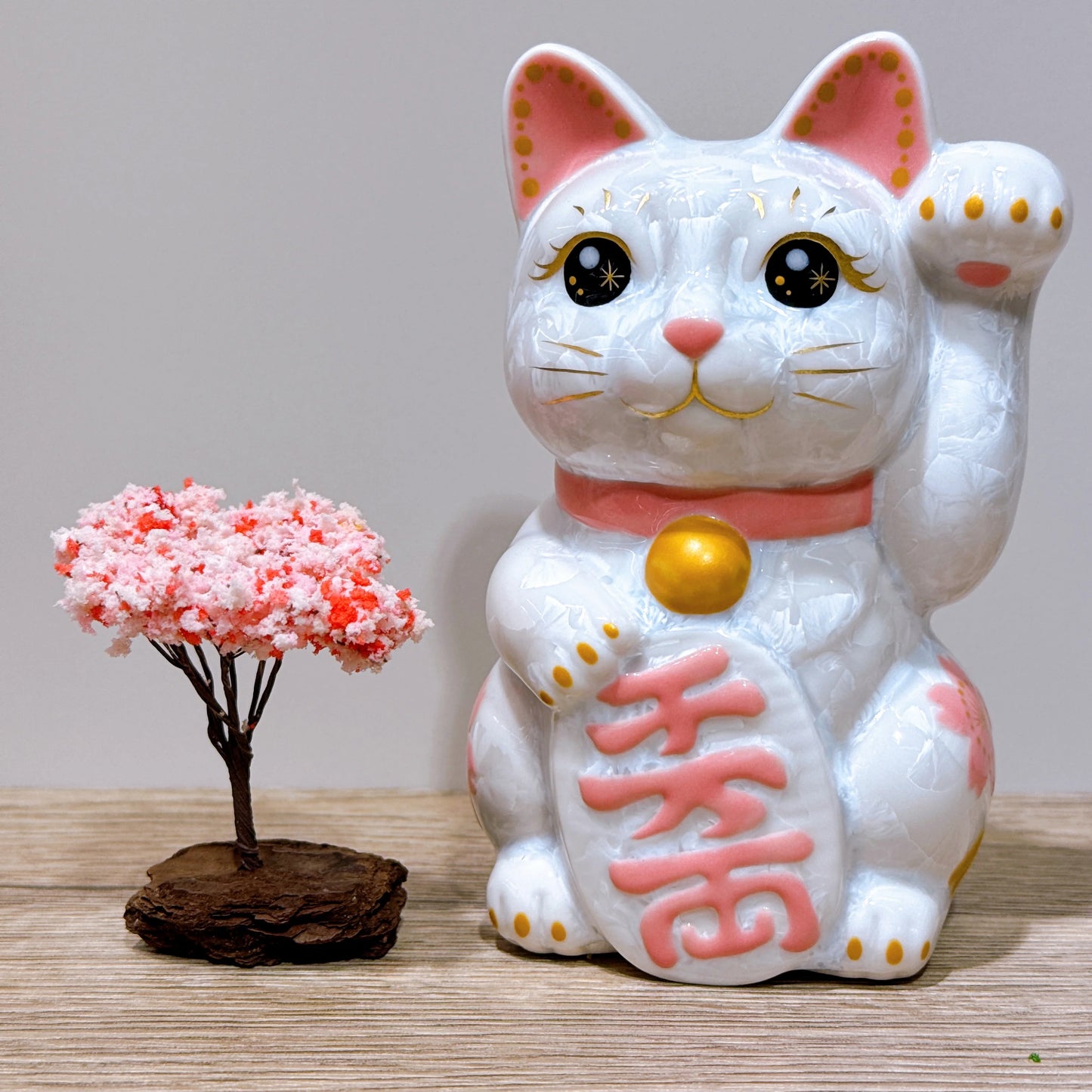 日本清水燒招財貓 花結晶 白 体花 千万両 左