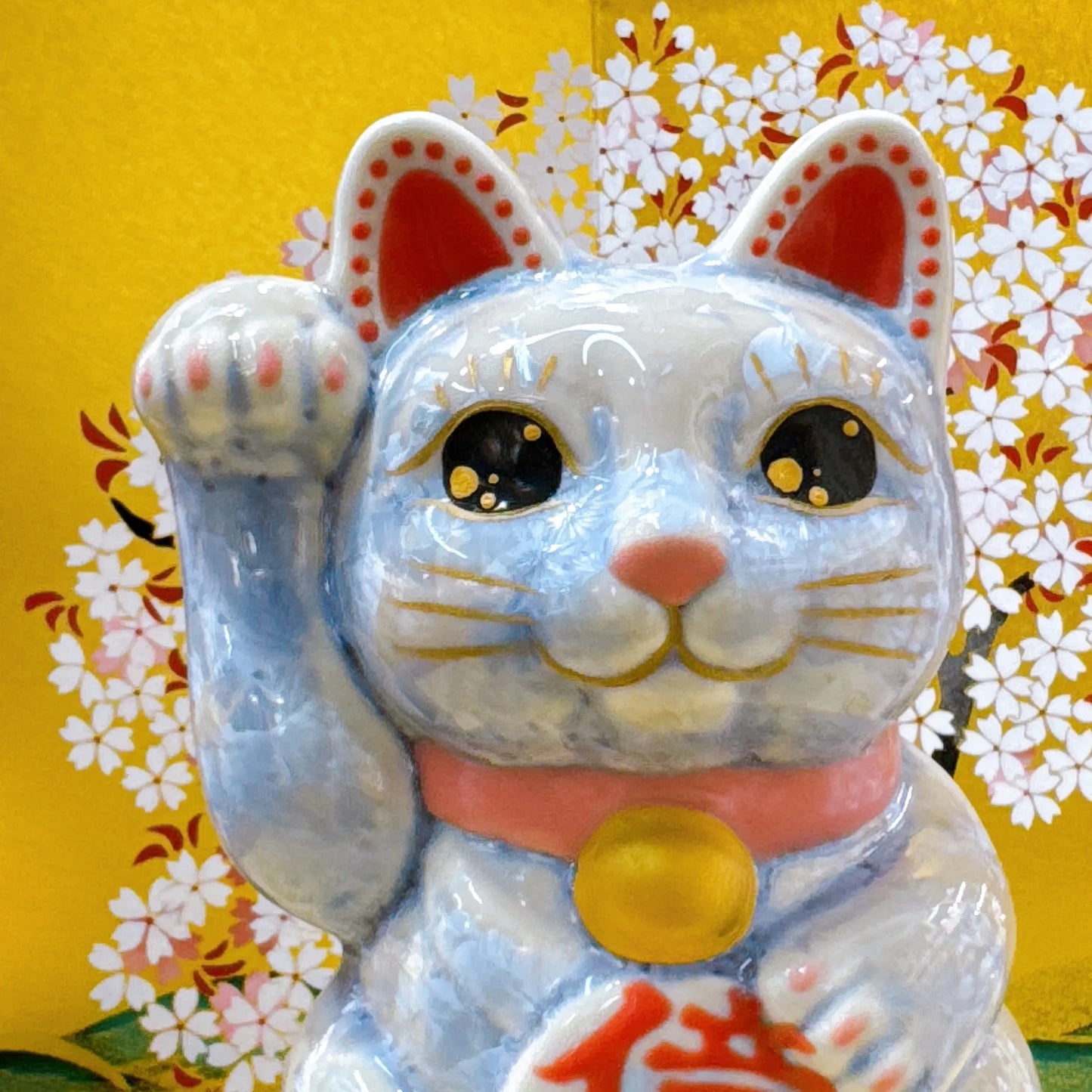 日本清水燒招財貓 花結晶 銀藤 億万両 右