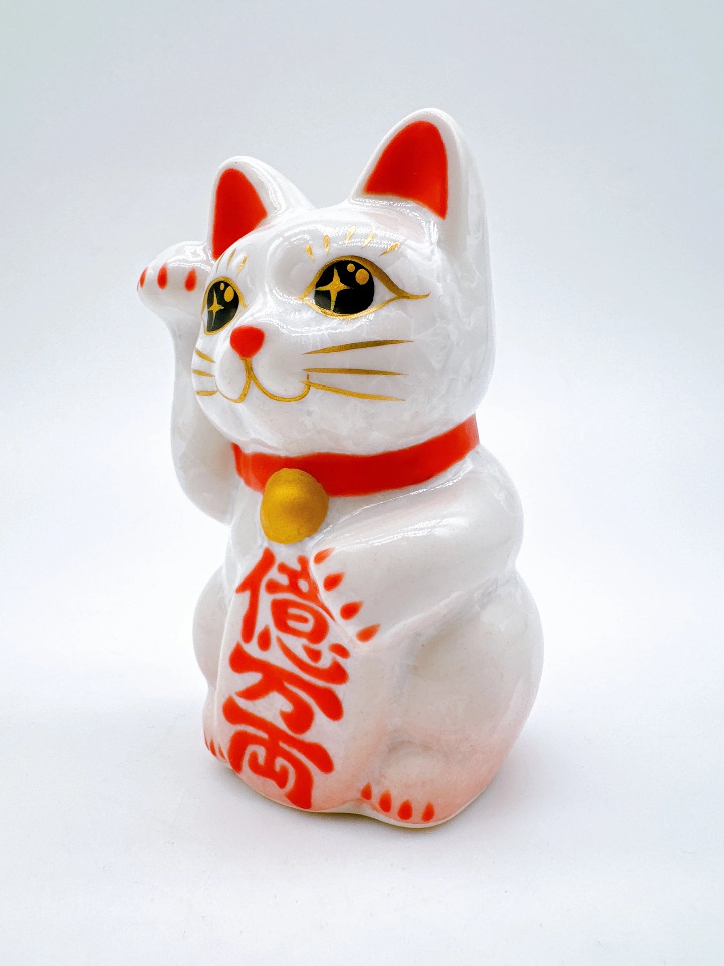 日本清水燒招財貓 花結晶 桃白 億万両 右 迷你