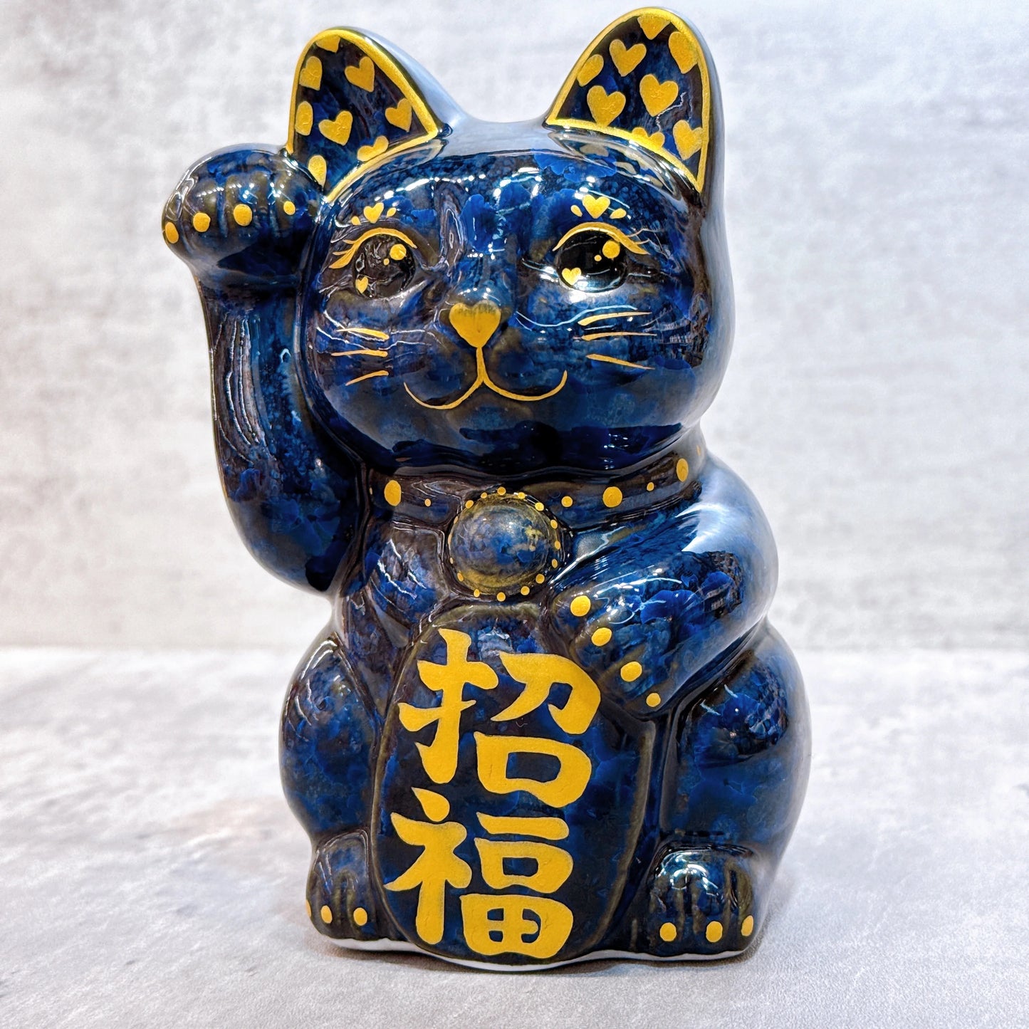 日本清水燒招財貓 青墨 金彩心 招福
