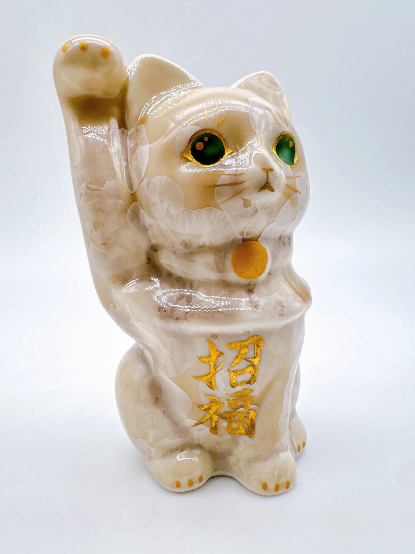 日本清水燒招財貓 花結晶 杏 招福 金彩