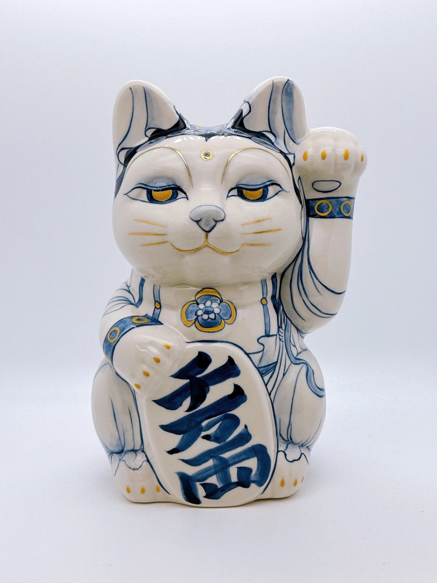 日本清水燒招財貓 染付 金彩 觀音菩薩 特大