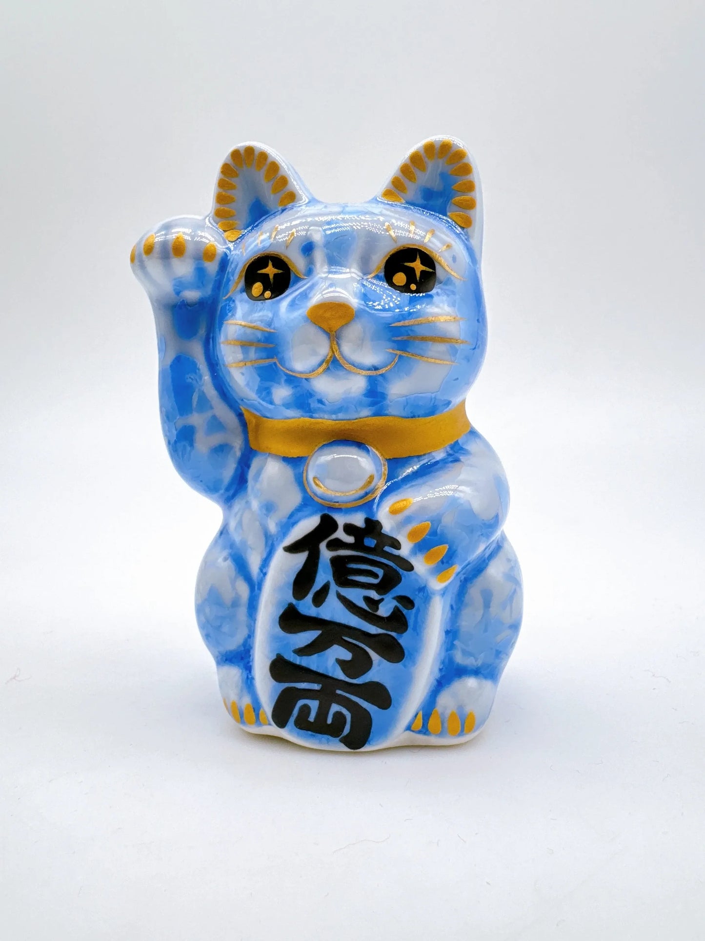 日本清水燒招財貓 花結晶 青 億万両 右 特小