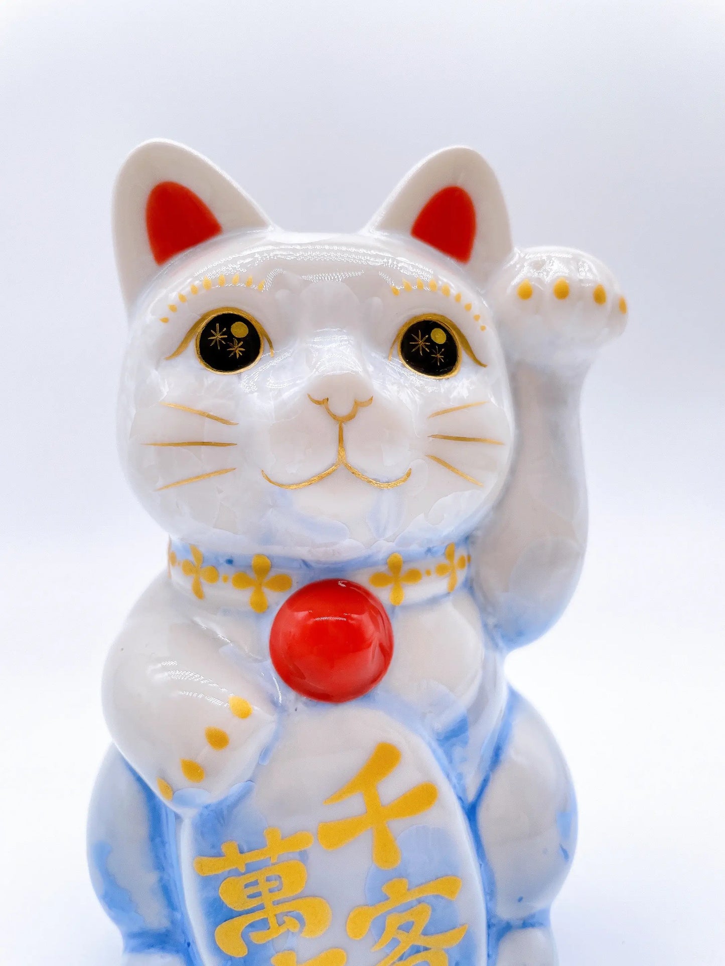 日本清水烧招财猫 花结晶 青白 千客万来