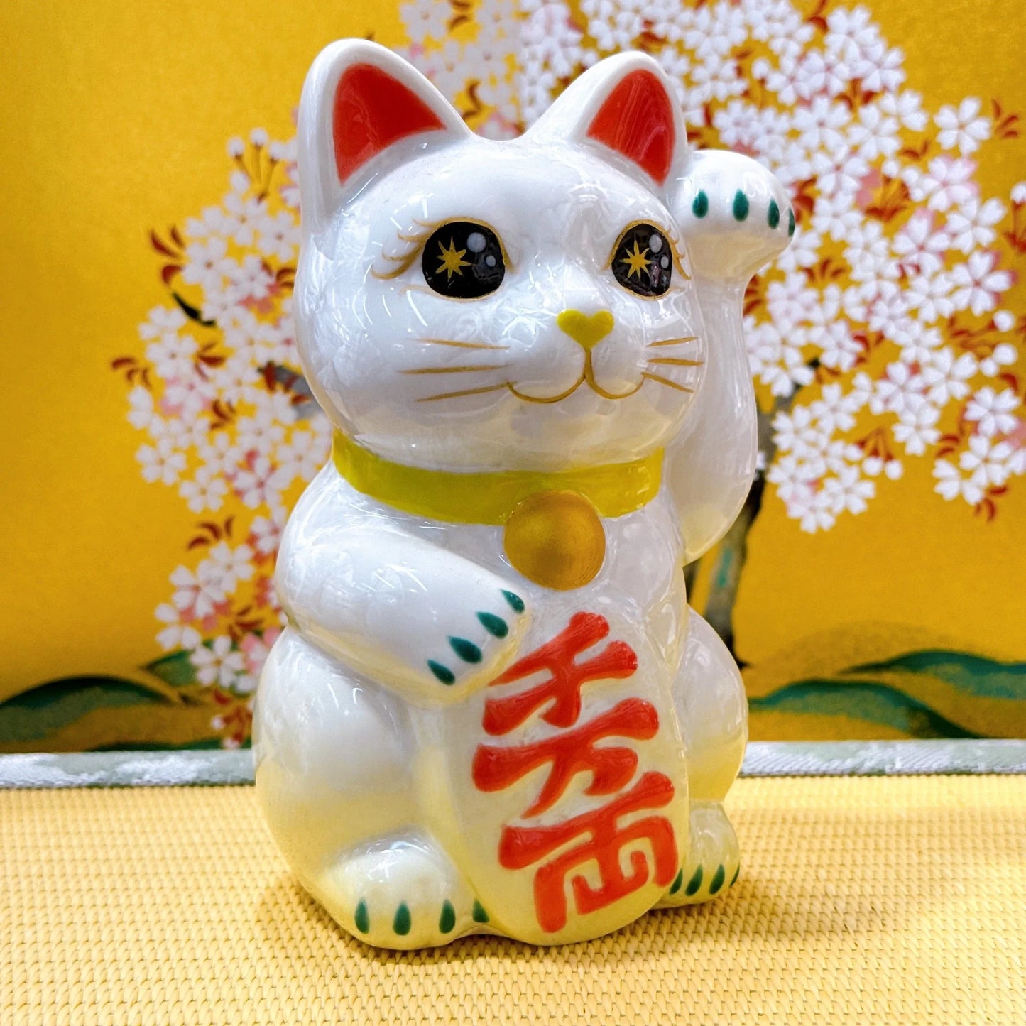 日本清水燒招財貓 花結晶 黃白 千万両 左