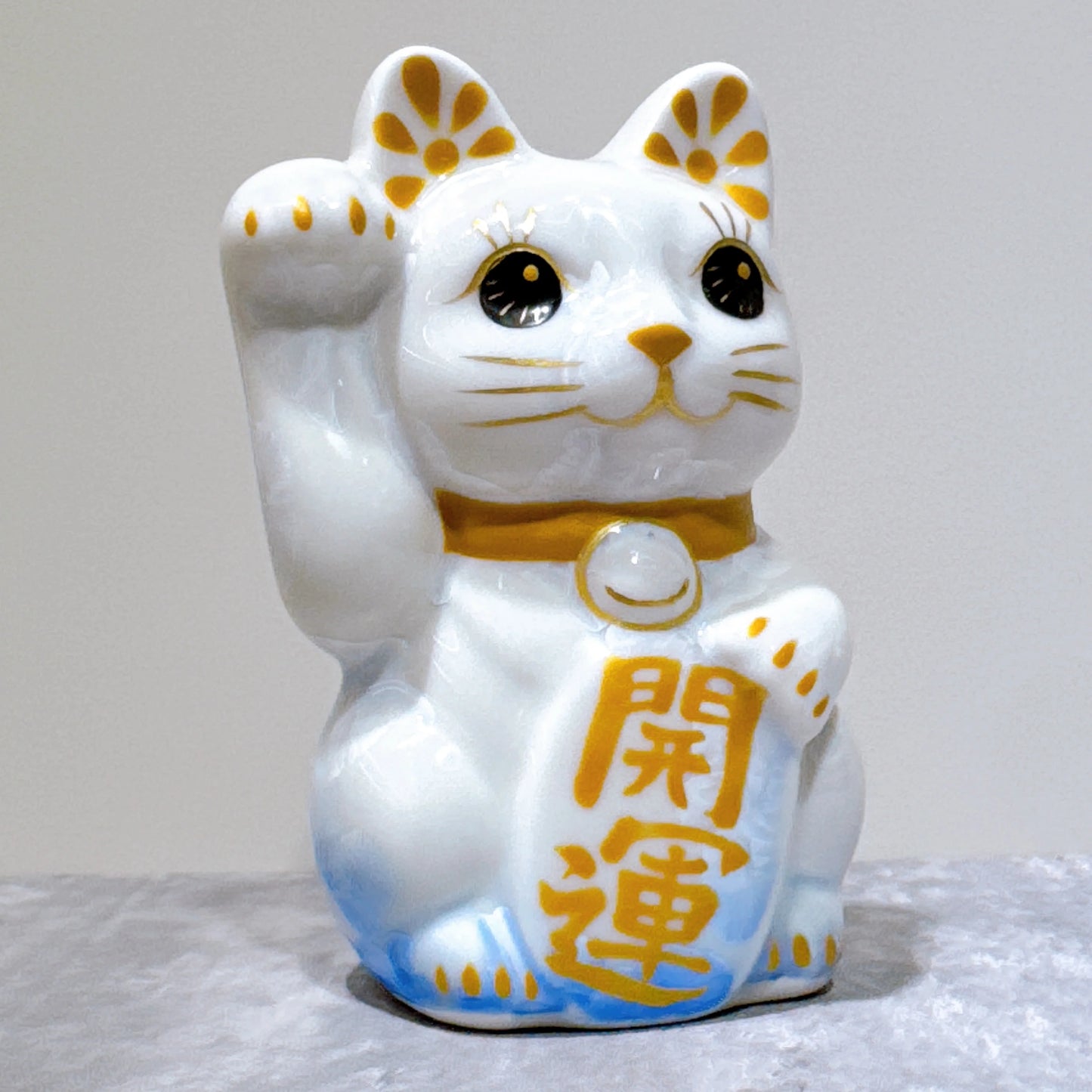 日本清水燒招財貓 花結晶 青白 開運 右 特小