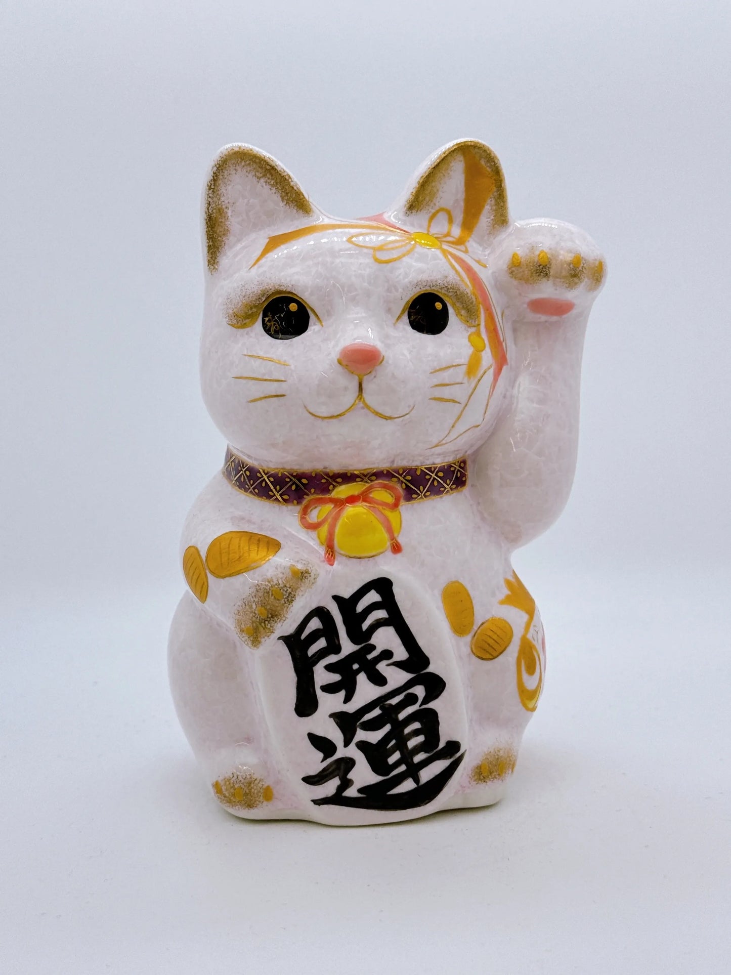日本清水燒招財貓 花結晶 桃 小判 中號