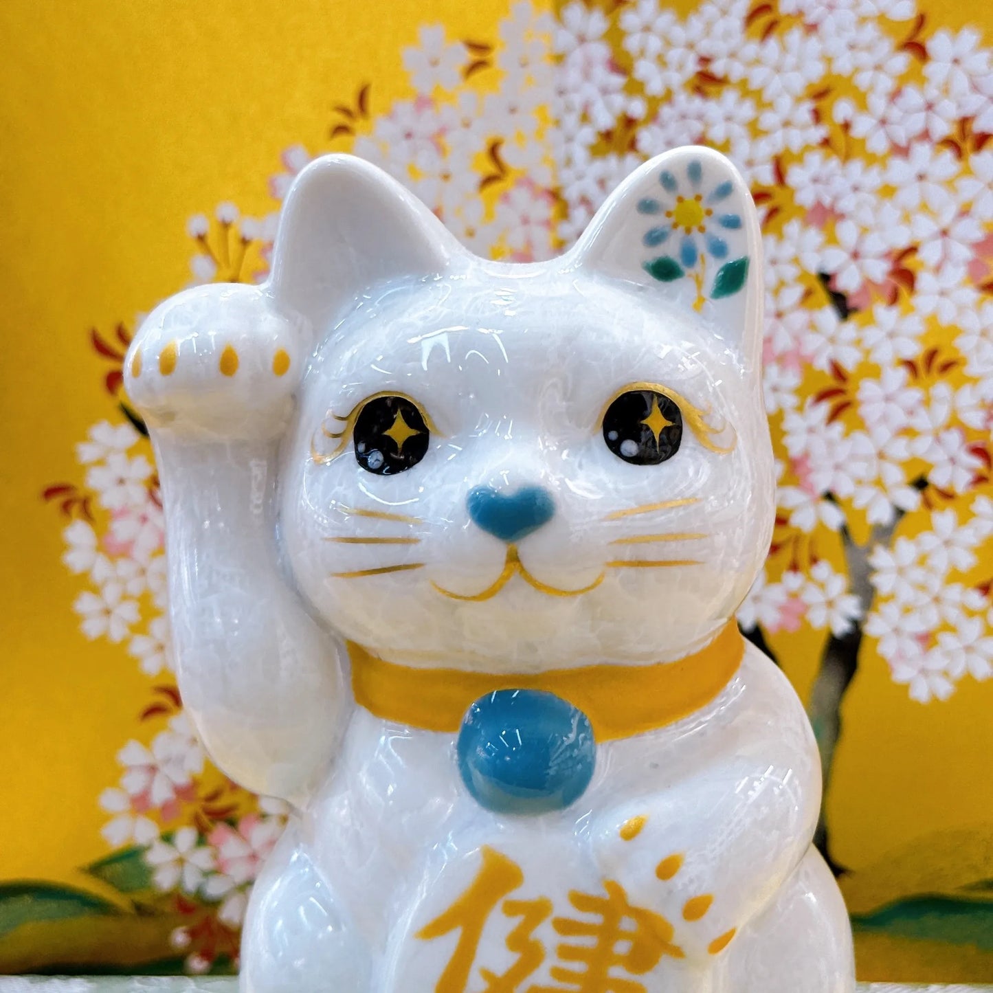 日本清水燒招財貓 花結晶 水白 健康 右