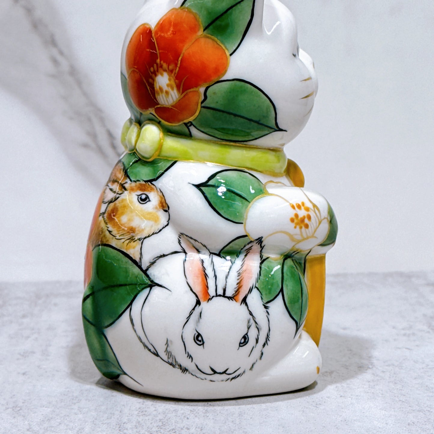 日本清水燒招財貓 色繪 榕花小兔