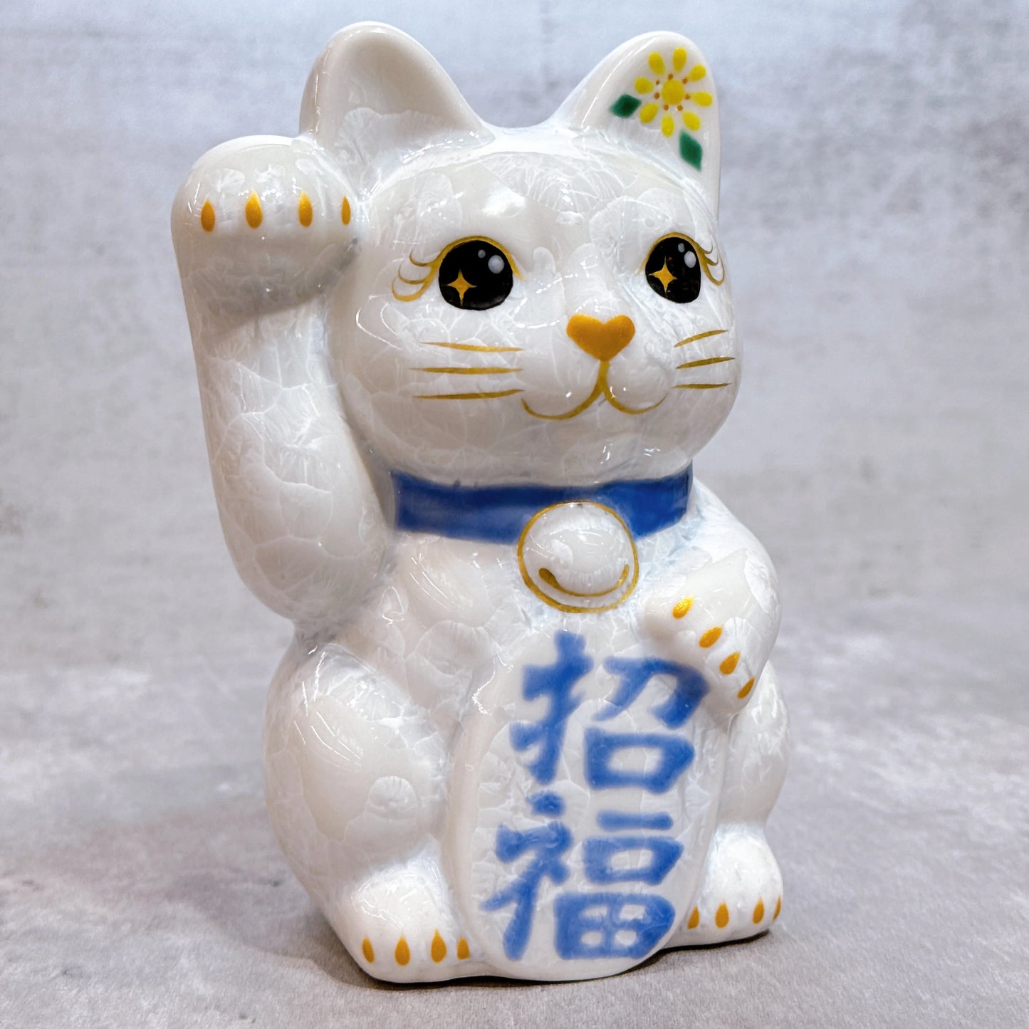 日本清水燒招財貓 花結晶 白 招福 右