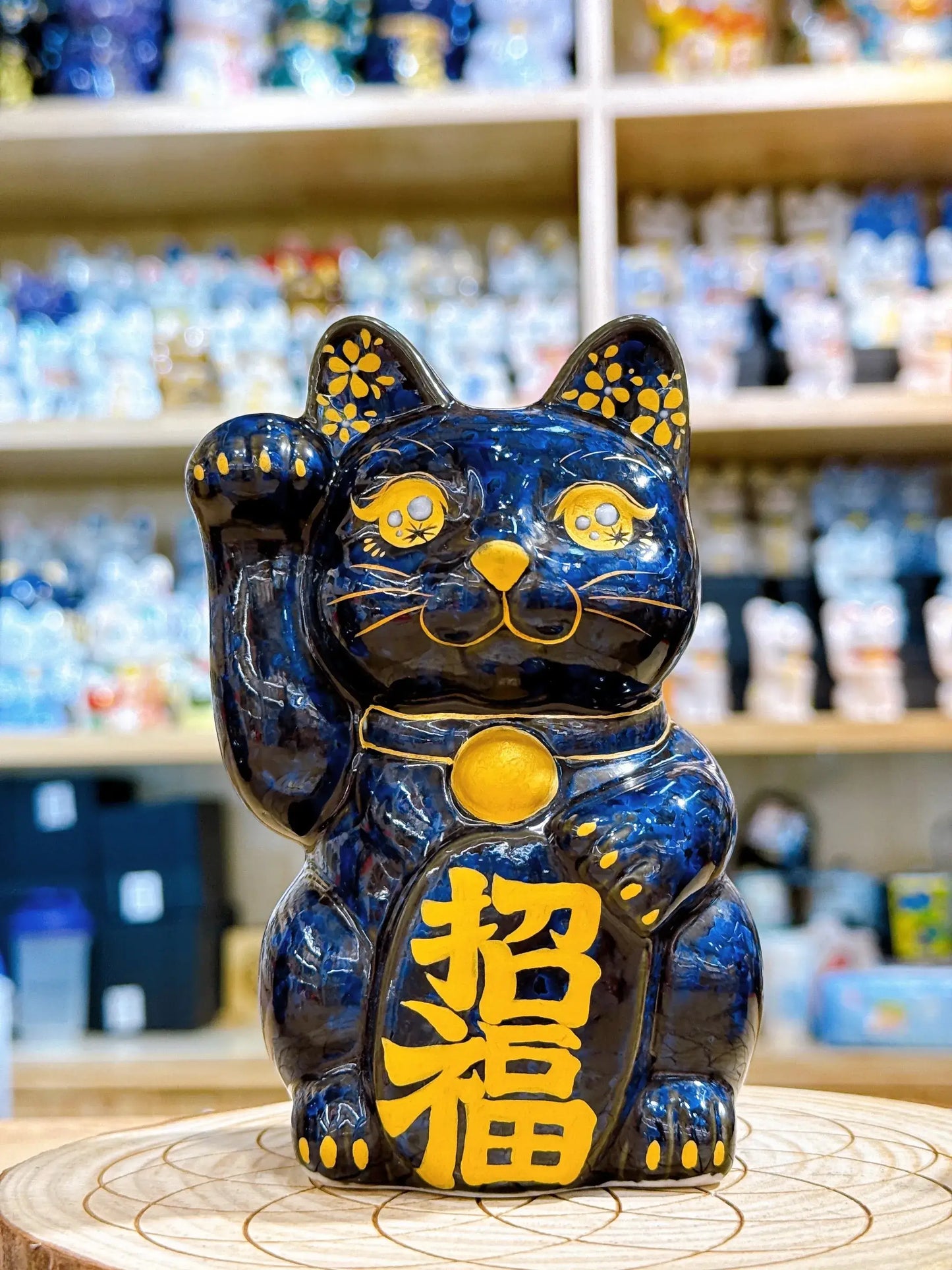 日本清水燒招財貓 青墨 金彩招福 櫻