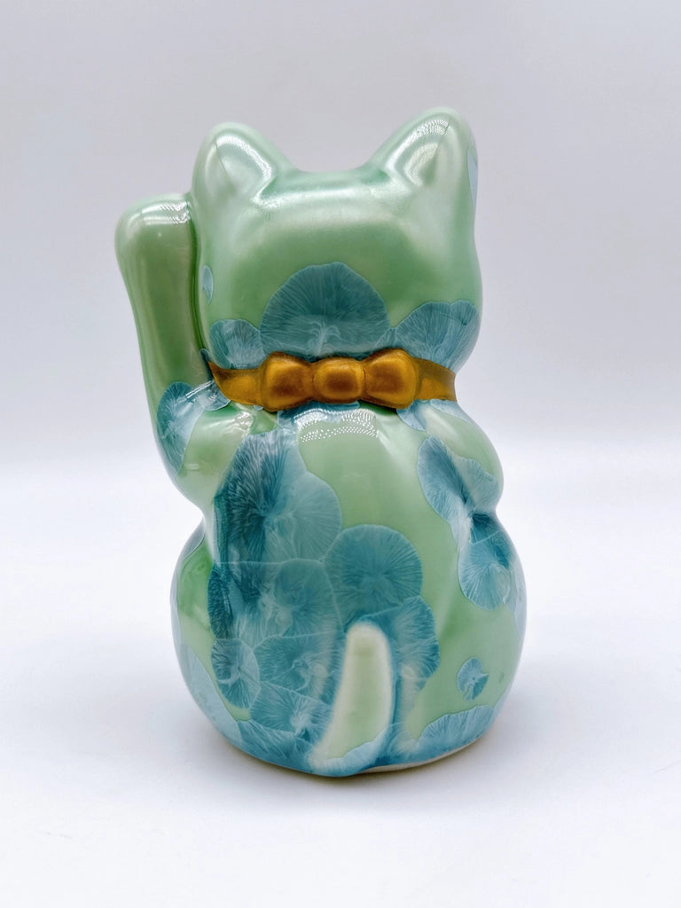 日本清水烧招财猫 花结晶 绿 千万两 左