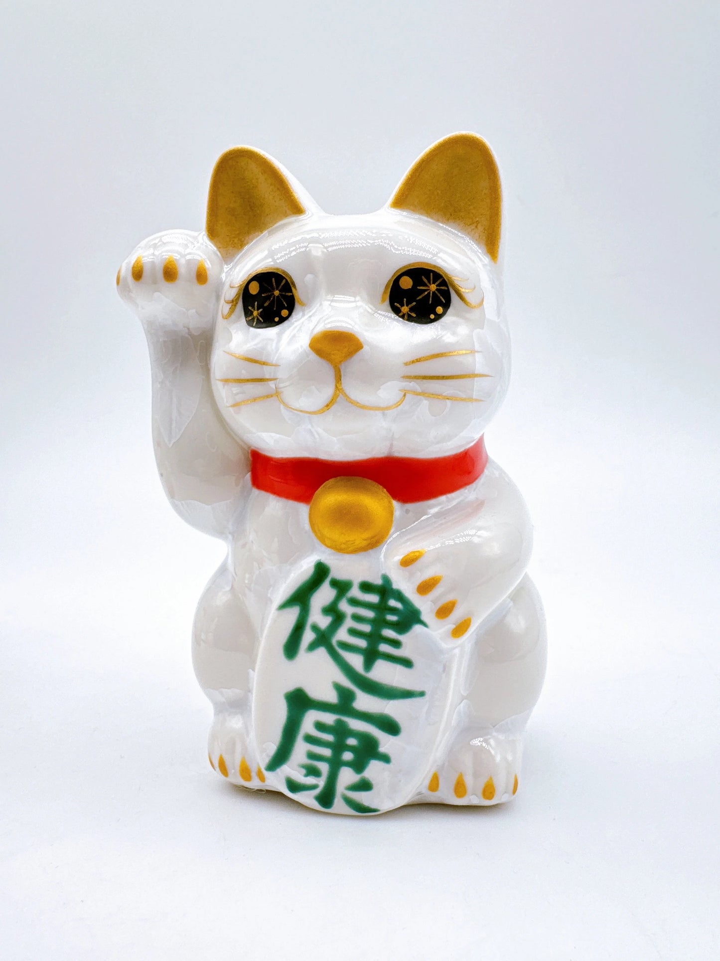 日本清水燒招財貓 花結晶 白 健康 右
