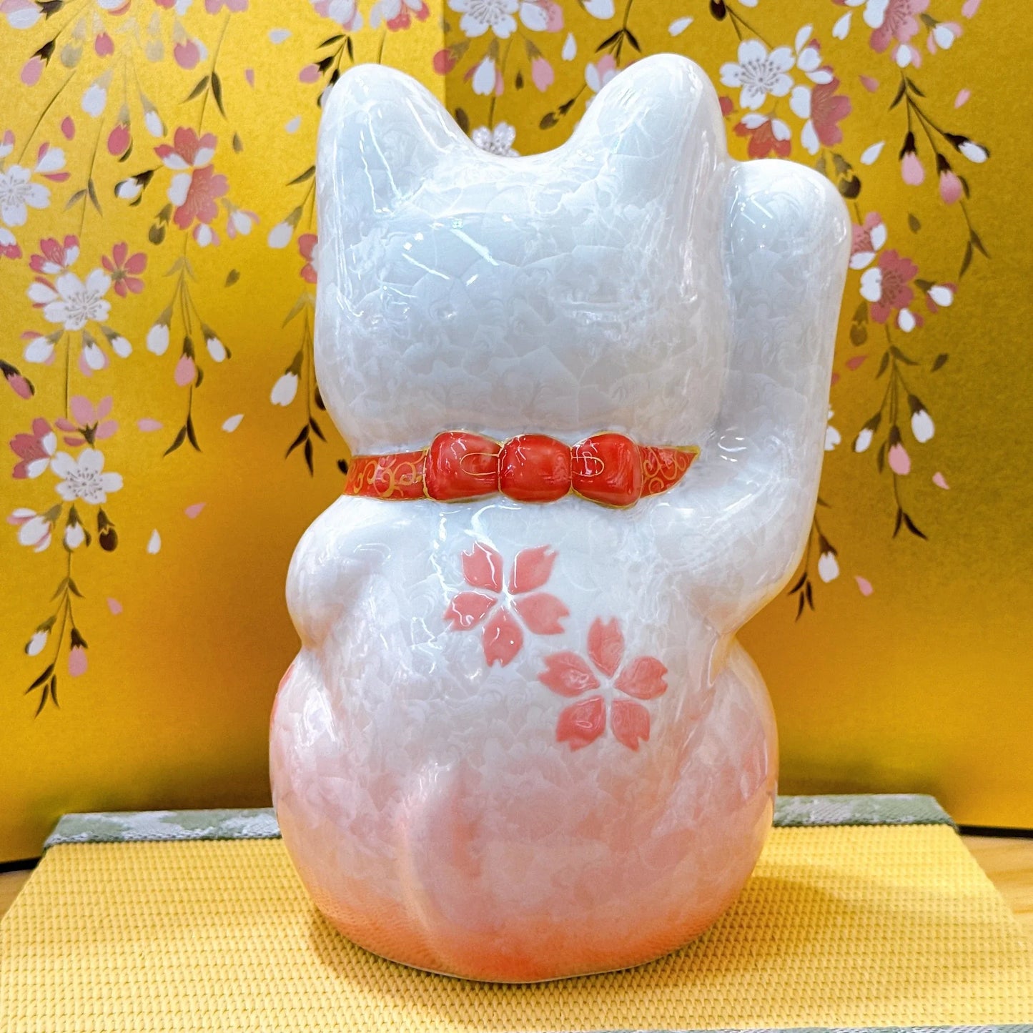 日本清水燒招財貓 花結晶 桃白 億万両 特大 右