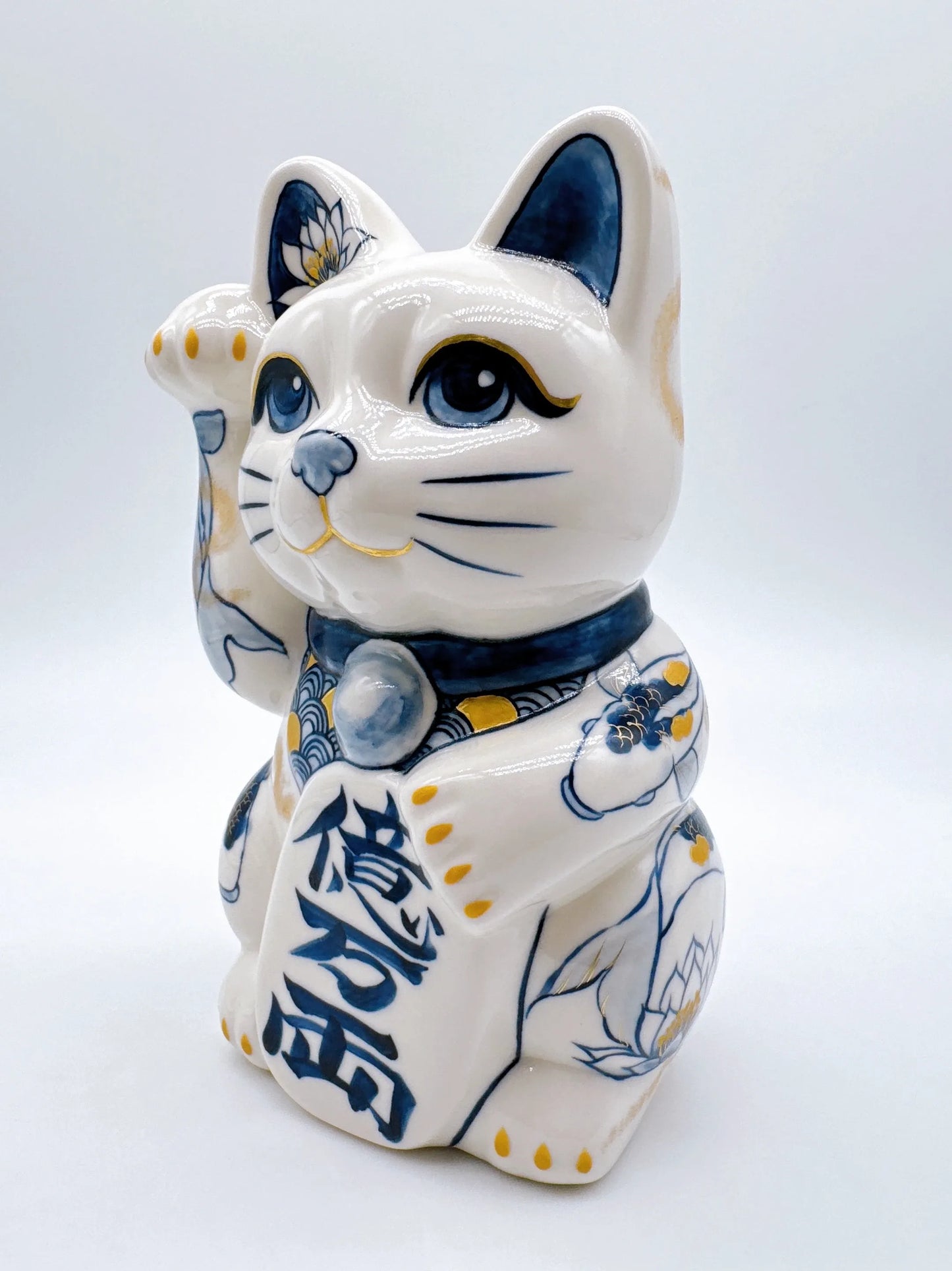 日本清水燒招財貓 染付 金彩鯉 特大