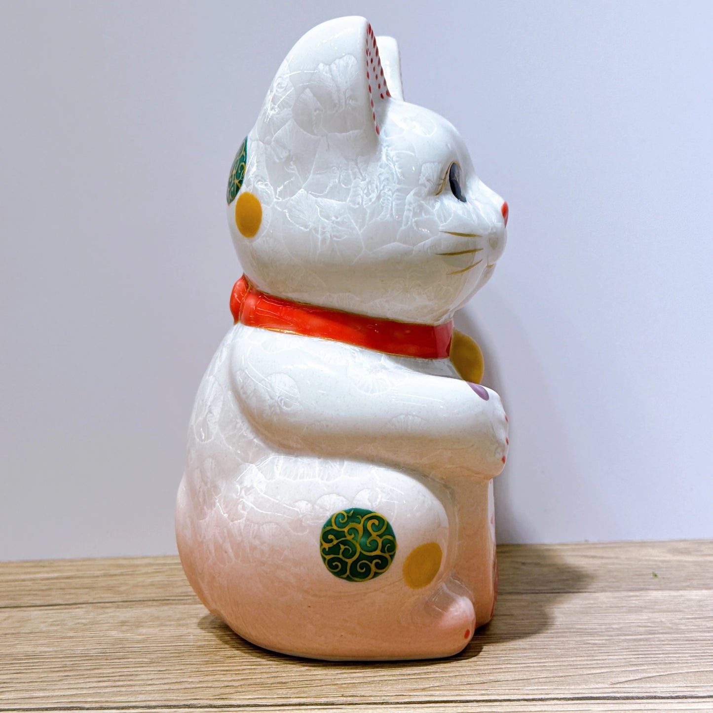 日本清水燒招財貓 花結晶 桃白 千万両 特大 左
