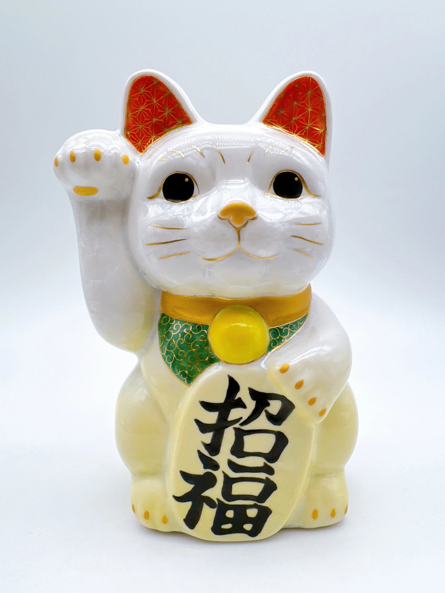 日本清水燒招財貓 花結晶 黃白 特大