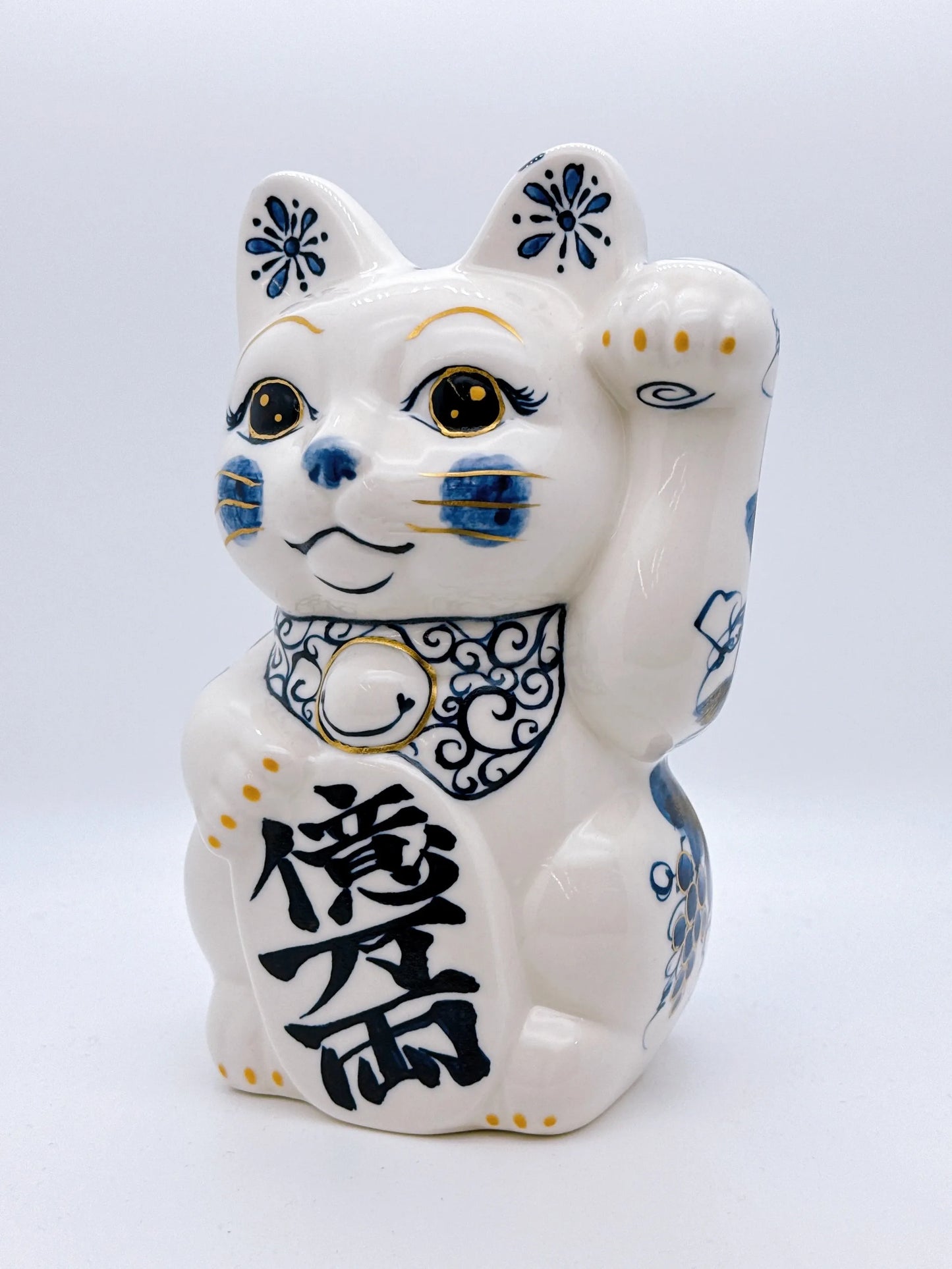 日本清水燒招財貓 染付 金彩福鳥 特大