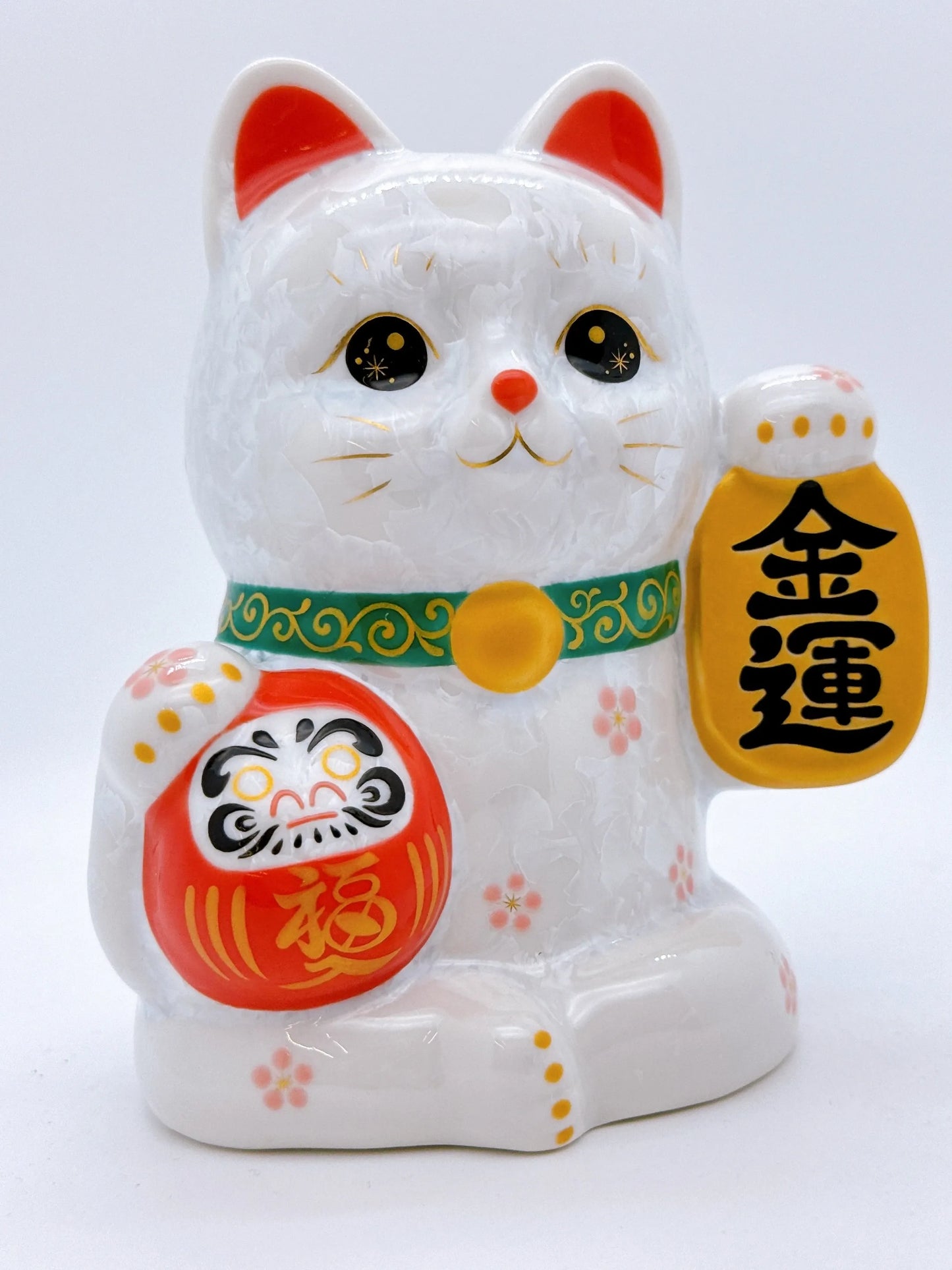 日本清水燒招財貓 達摩 花結晶 白 金運